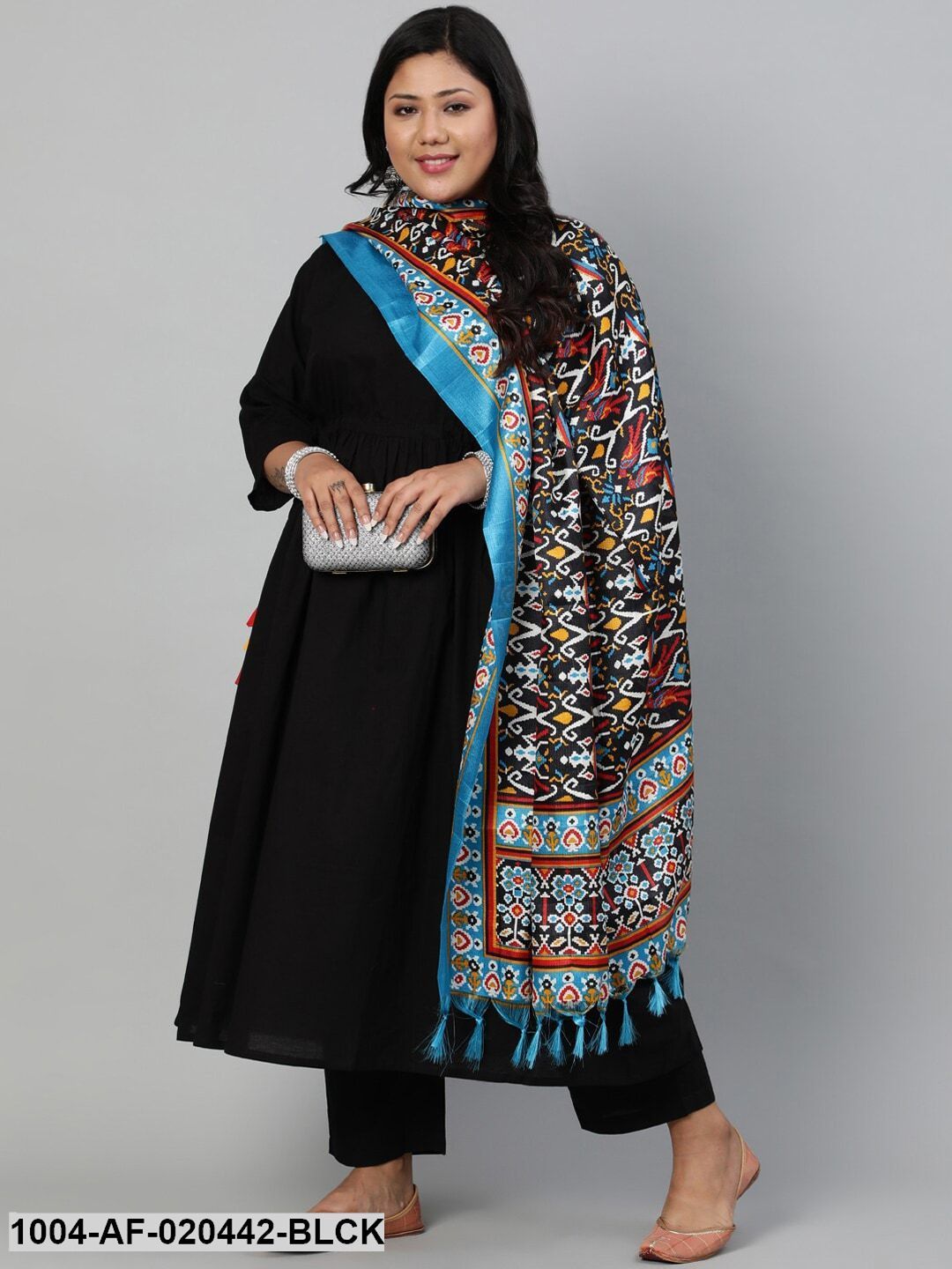 Plus Size Black Empire Pure Cotton Kurta with Trousers & With Dupatta - Image 7