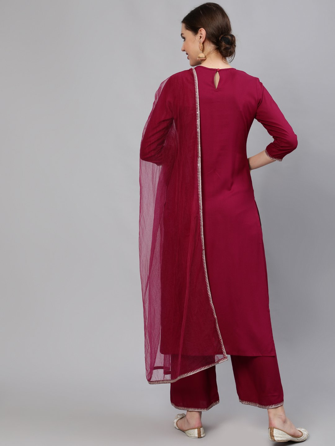 Women Wine Sequinned Embroidered Straight Kurta With Plazo & Dupatta - Image 6