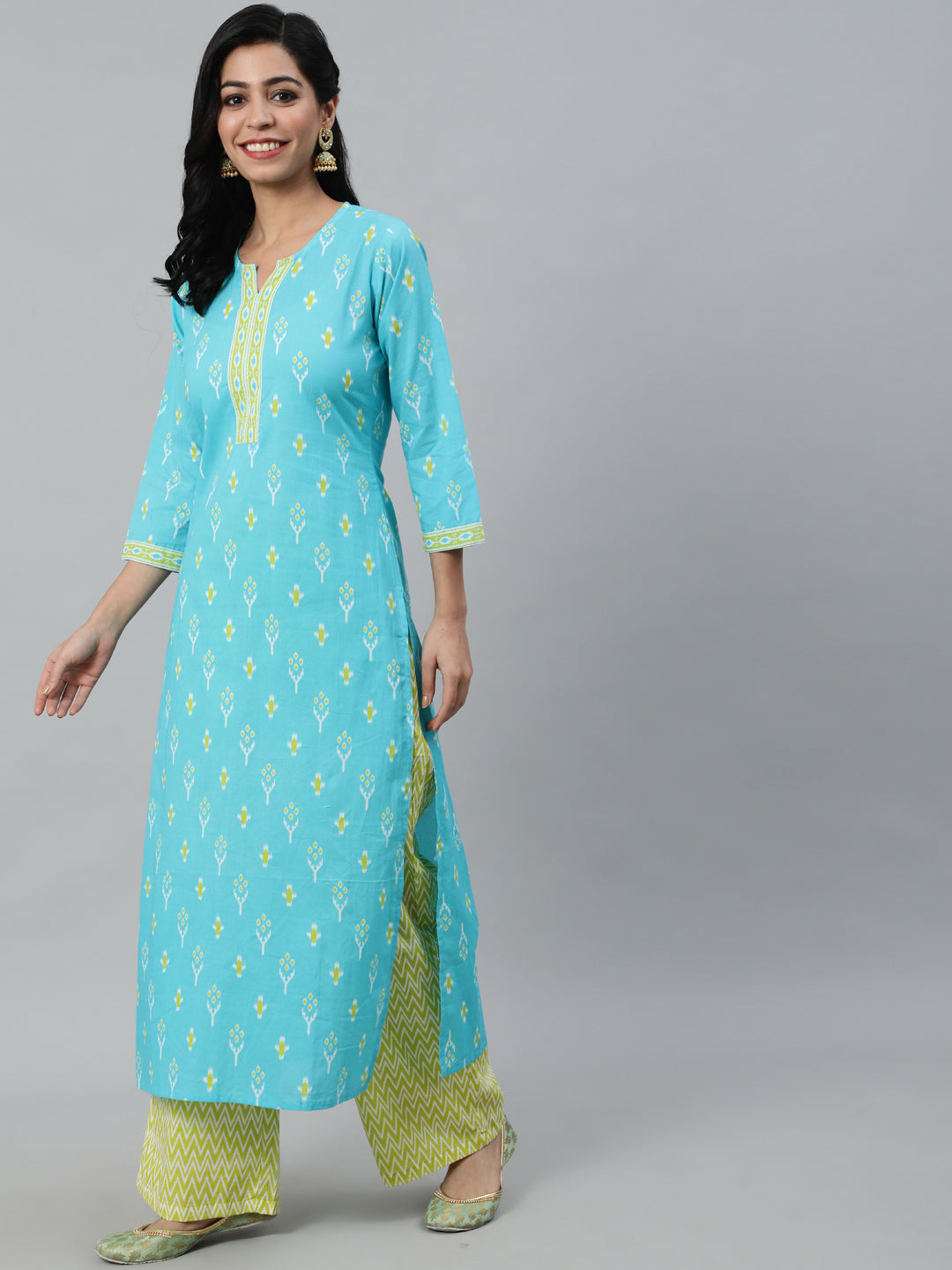 Women Blue & Green Printed Straight Kurta With Plazo & Chiffon Dupatta - Image 2