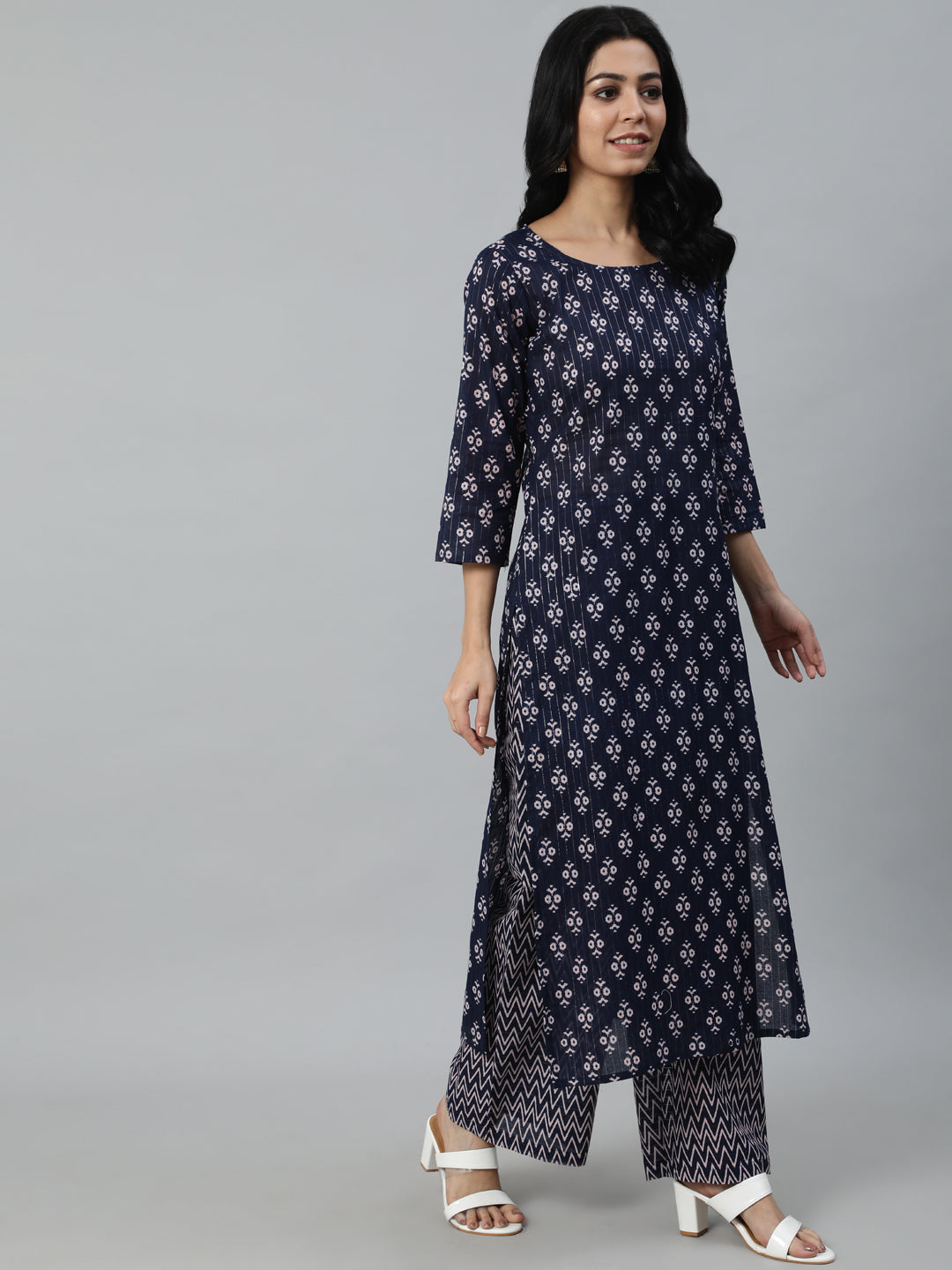 Women Navy Blue Printed Straight Kurta With Plazo & Dupatta - Image 2