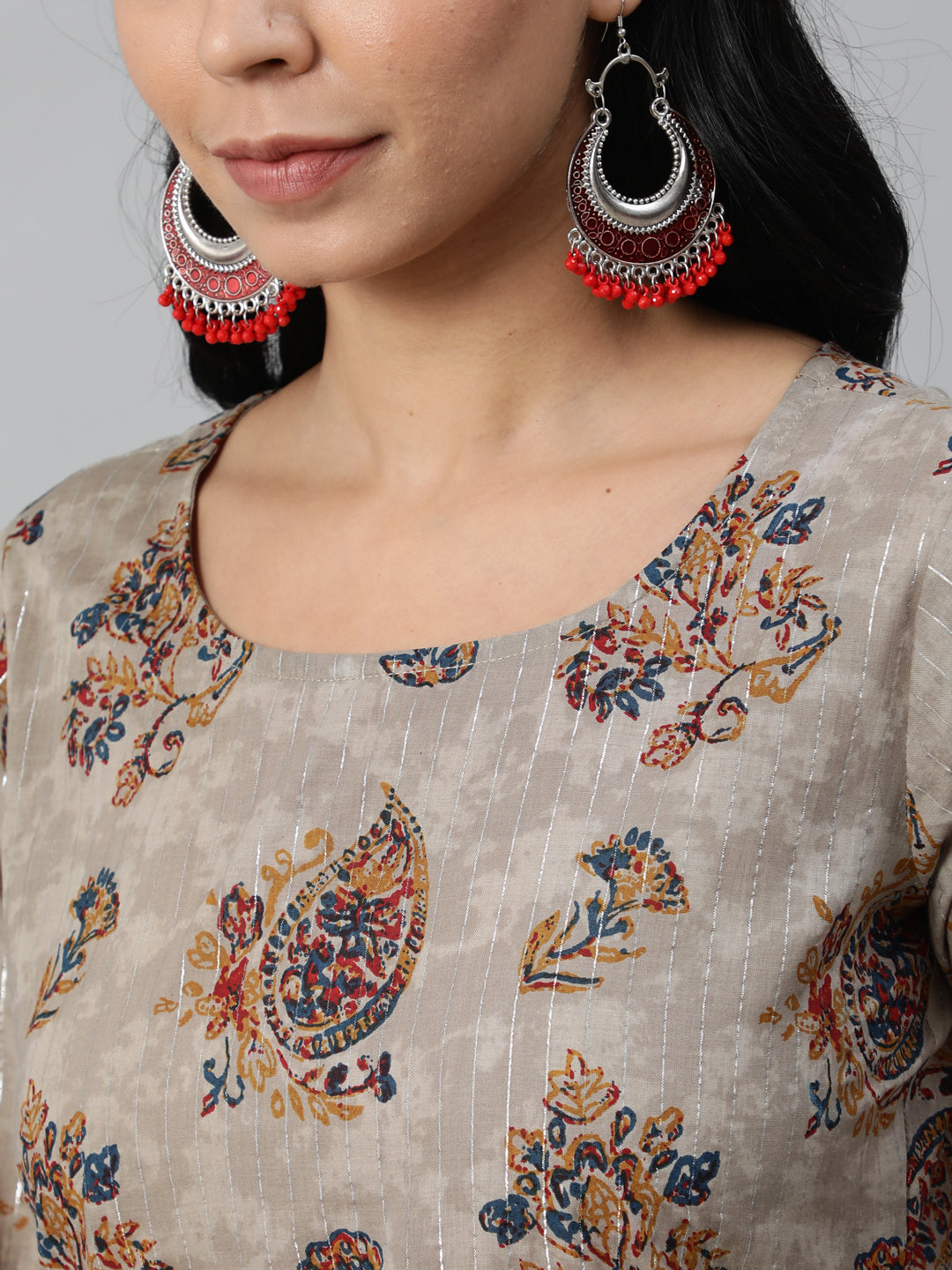 Women Grey Printed Straight Kurta With Plazo & Dupatta - Image 6