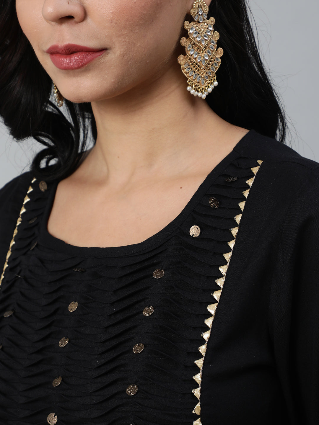 Women Black Gathered Kurta With Plazo & Dupatta - Image 6