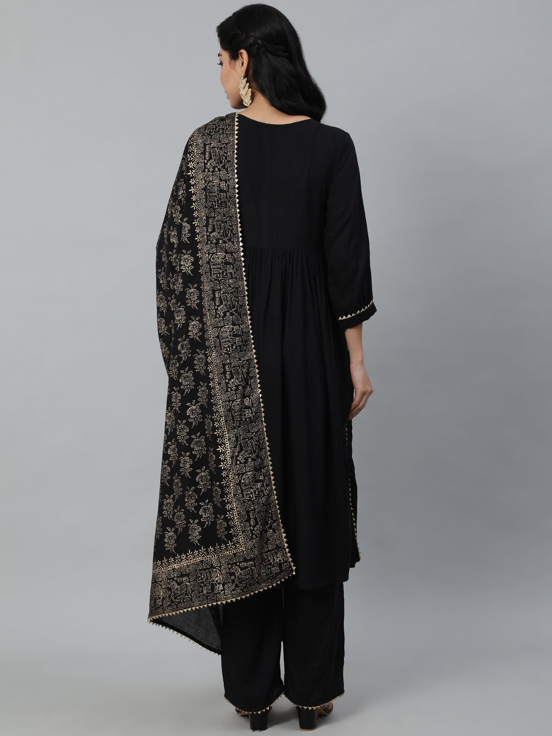 Women Black Gathered Kurta With Plazo & Dupatta - Image 3