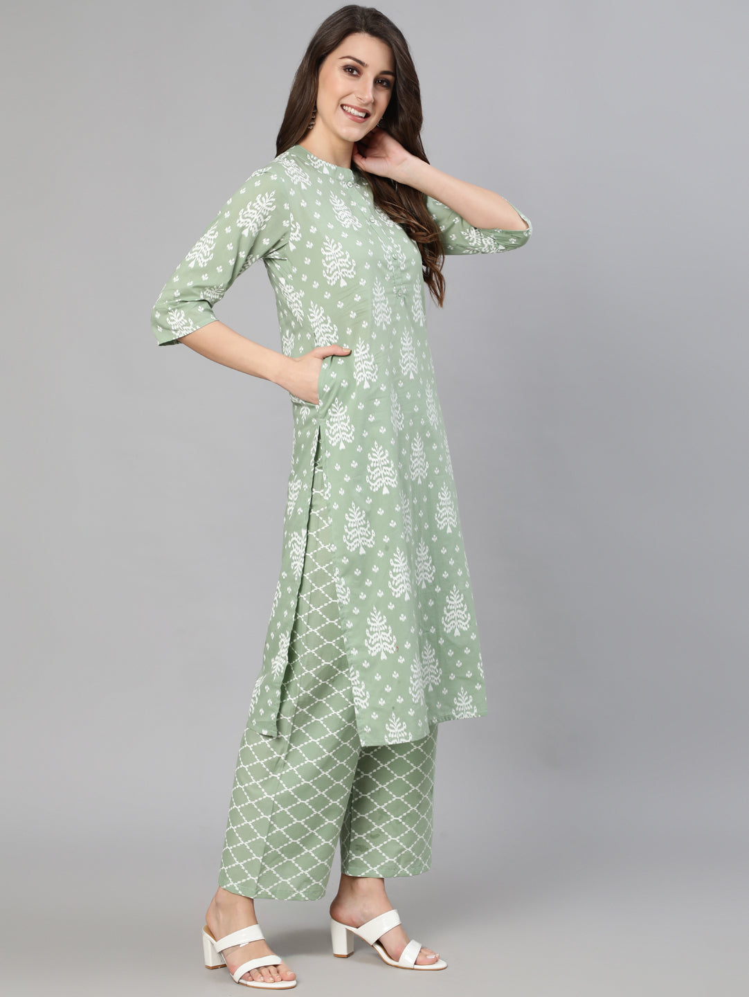 Olive Green Ethnic Printed Kurta And Palazzo With Dupatta - Image 5