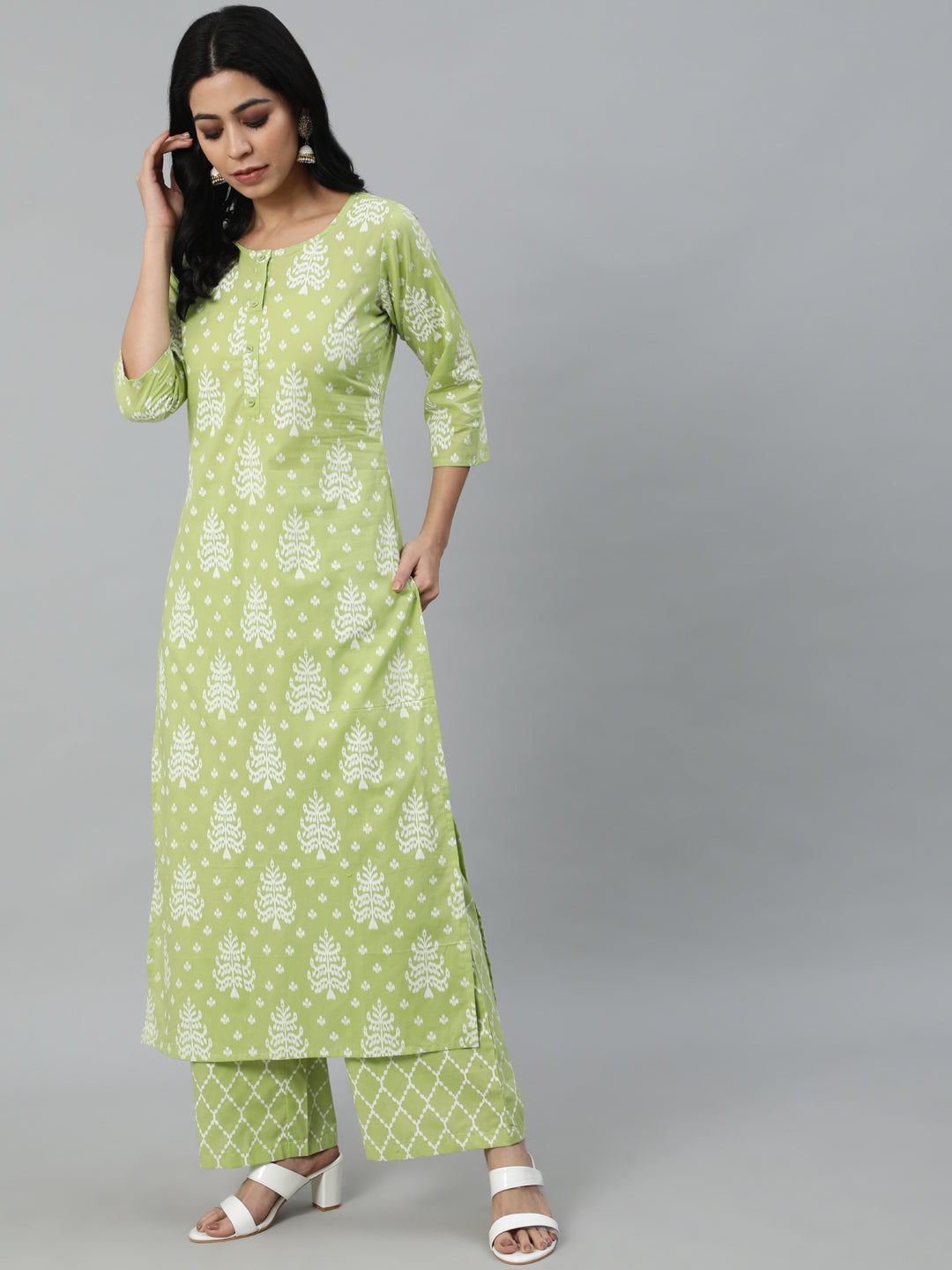 Green Printed Straight Kurta With Plazo - Image 2