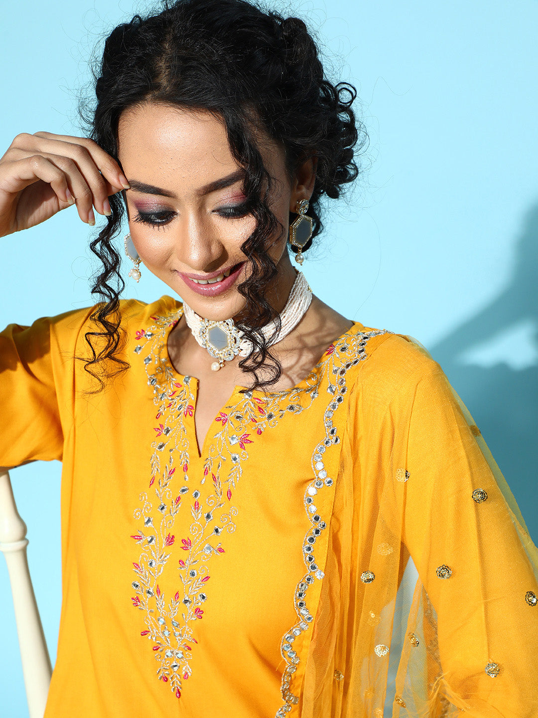 Yellow Embroidered Straight Kurta With Plazo & Dupatta - Image 4