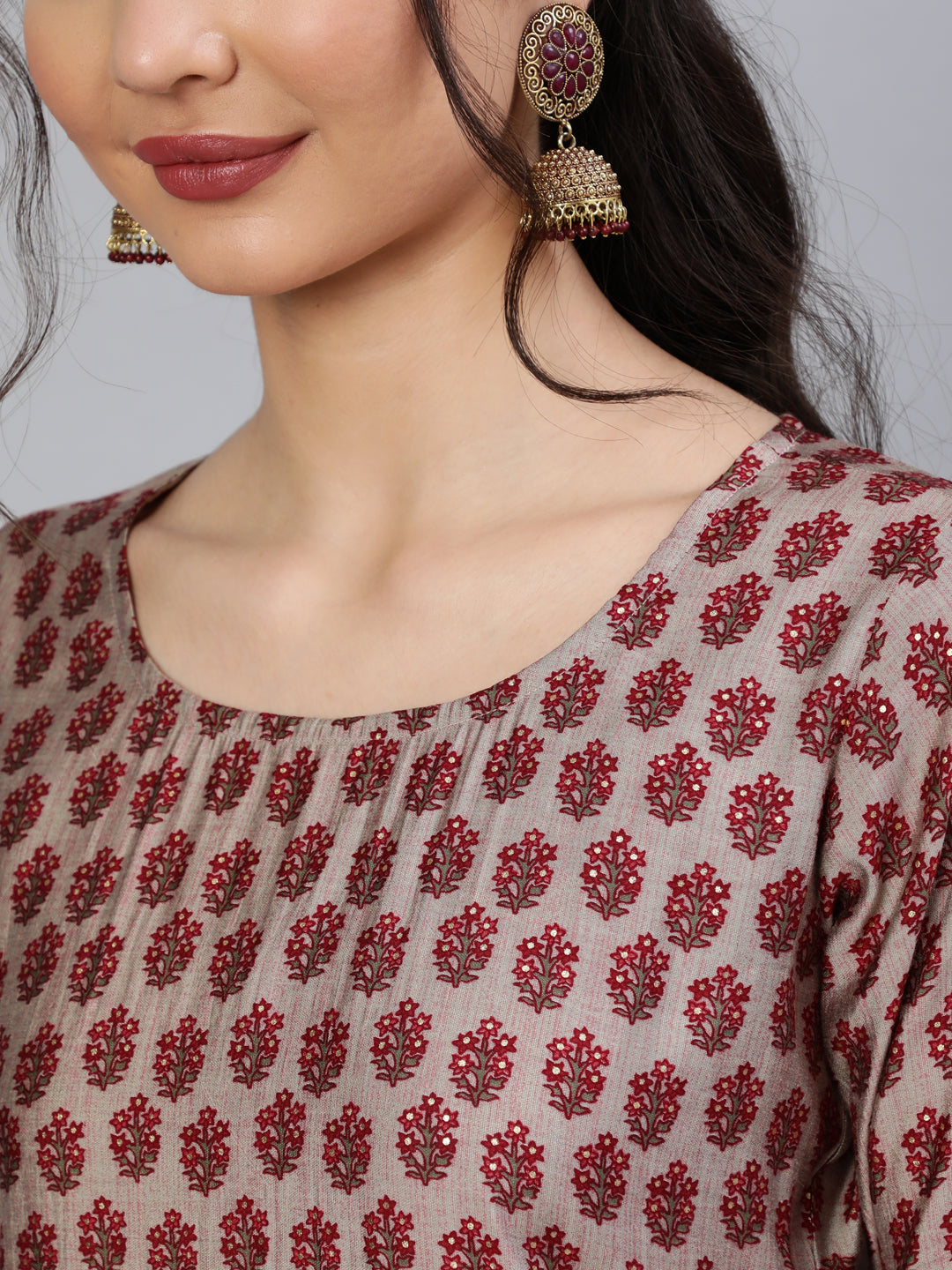 Maroon Ethnic Printed Kurta With Plazzo And Dupatta - Image 3