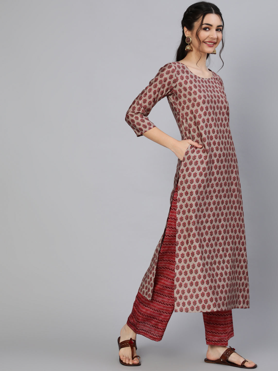 Maroon Ethnic Printed Kurta With Plazzo And Dupatta - Image 2