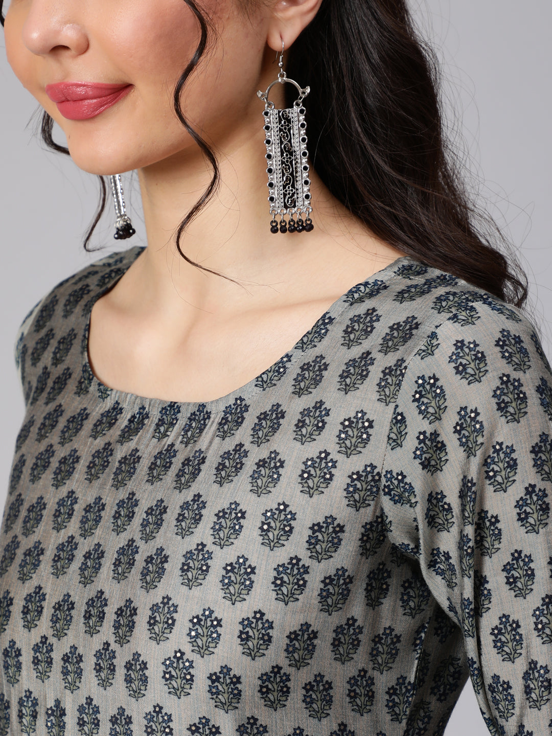 Grey Ethnic Printed Kurta With Plazzo And Dupatta - Image 3
