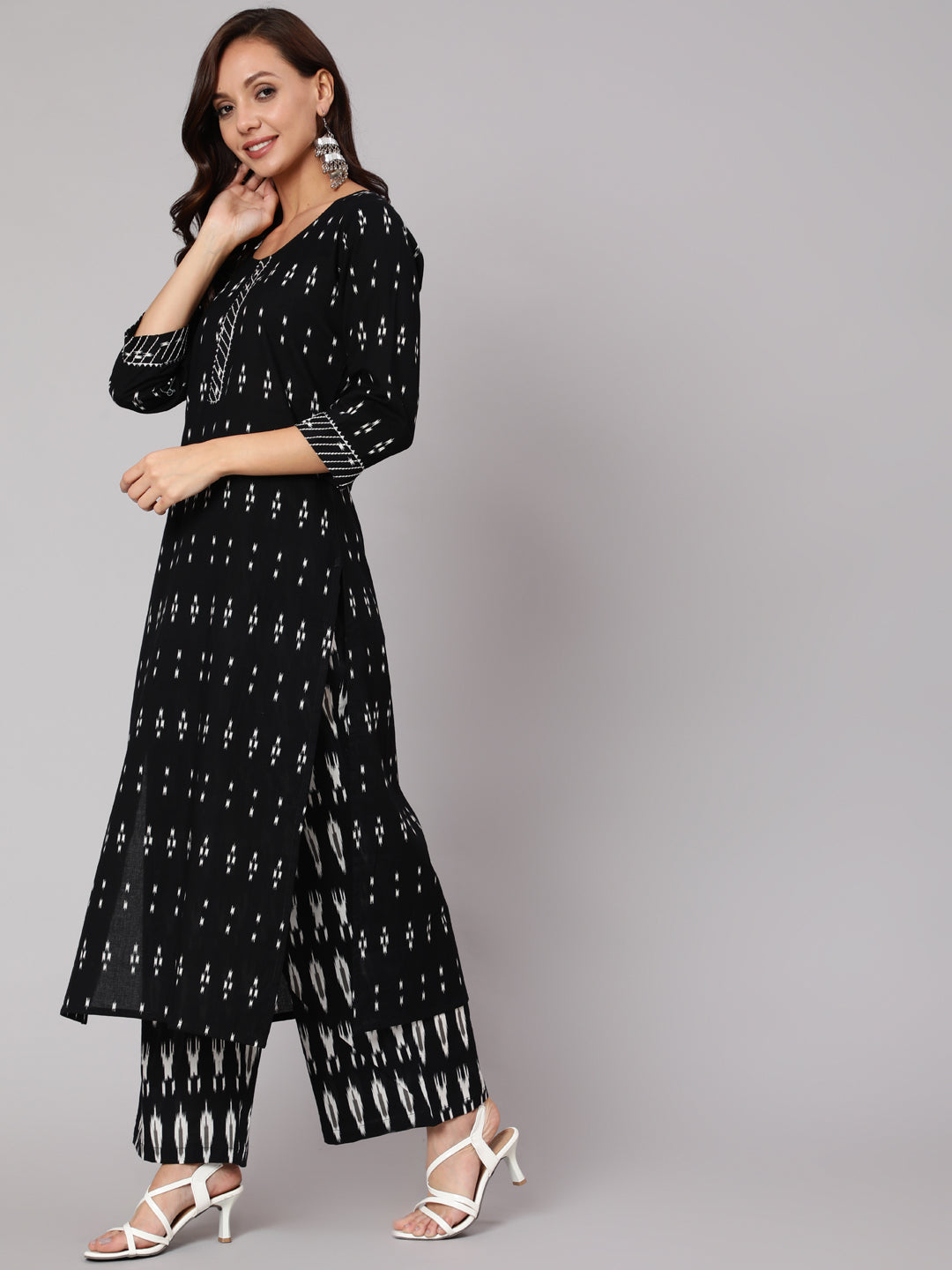 Black Ethnic Printed Straight Kurta With Palazzo And Dupatta - Image 2