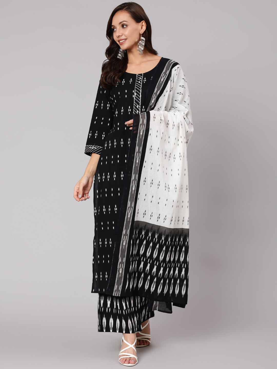 Black Ethnic Printed Straight Kurta With Palazzo And Dupatta - Image 5