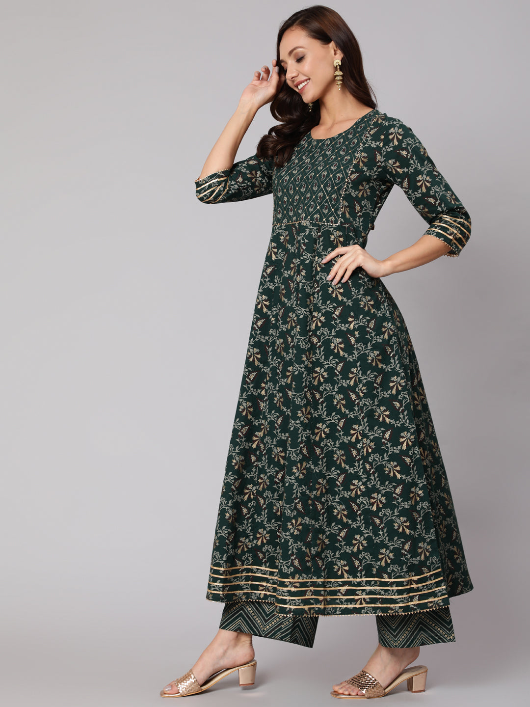 Green Printed Flared Kurta With Trouser And Dupatta - Image 2