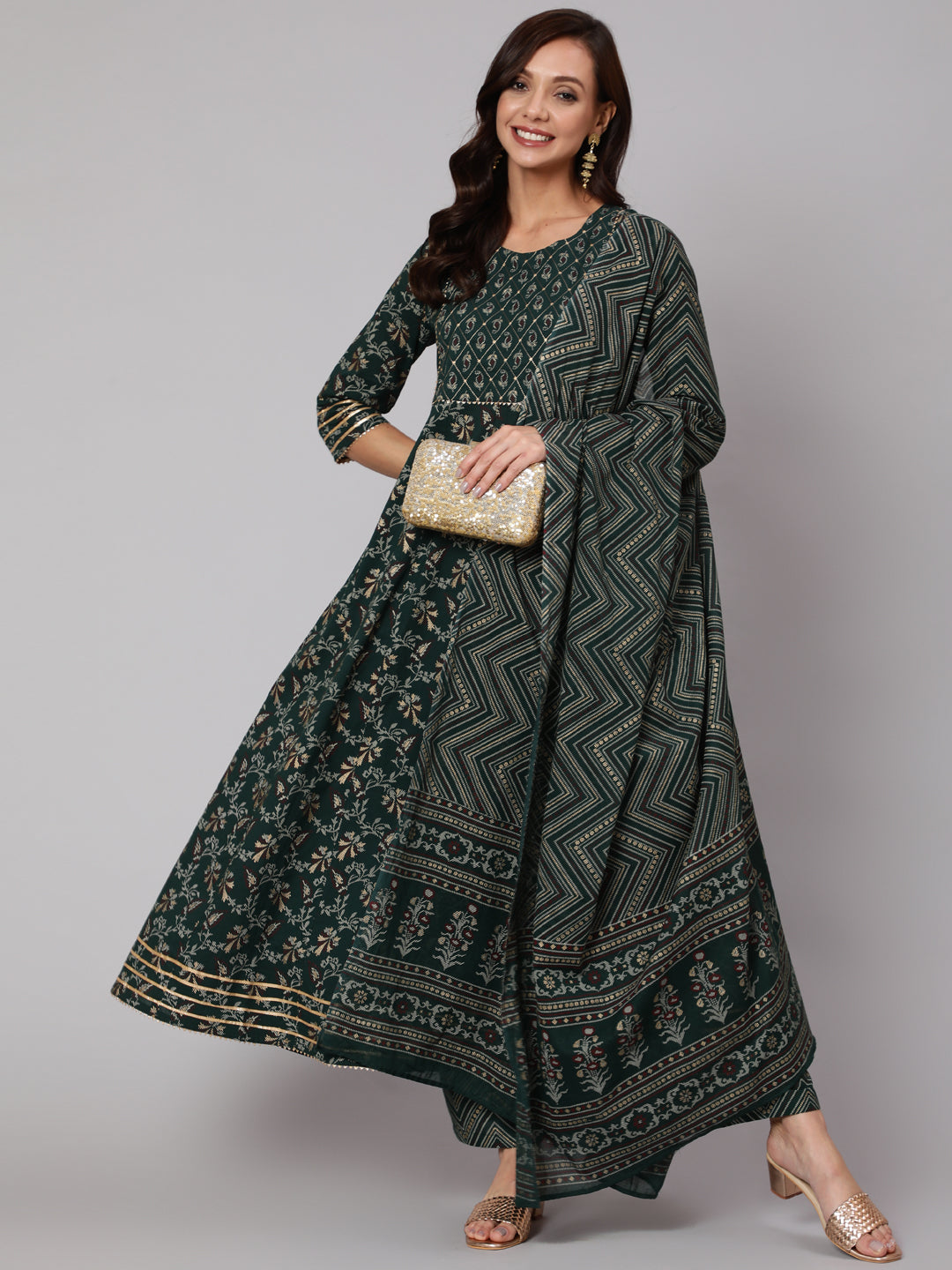 Green Printed Flared Kurta With Trouser And Dupatta - Image 5