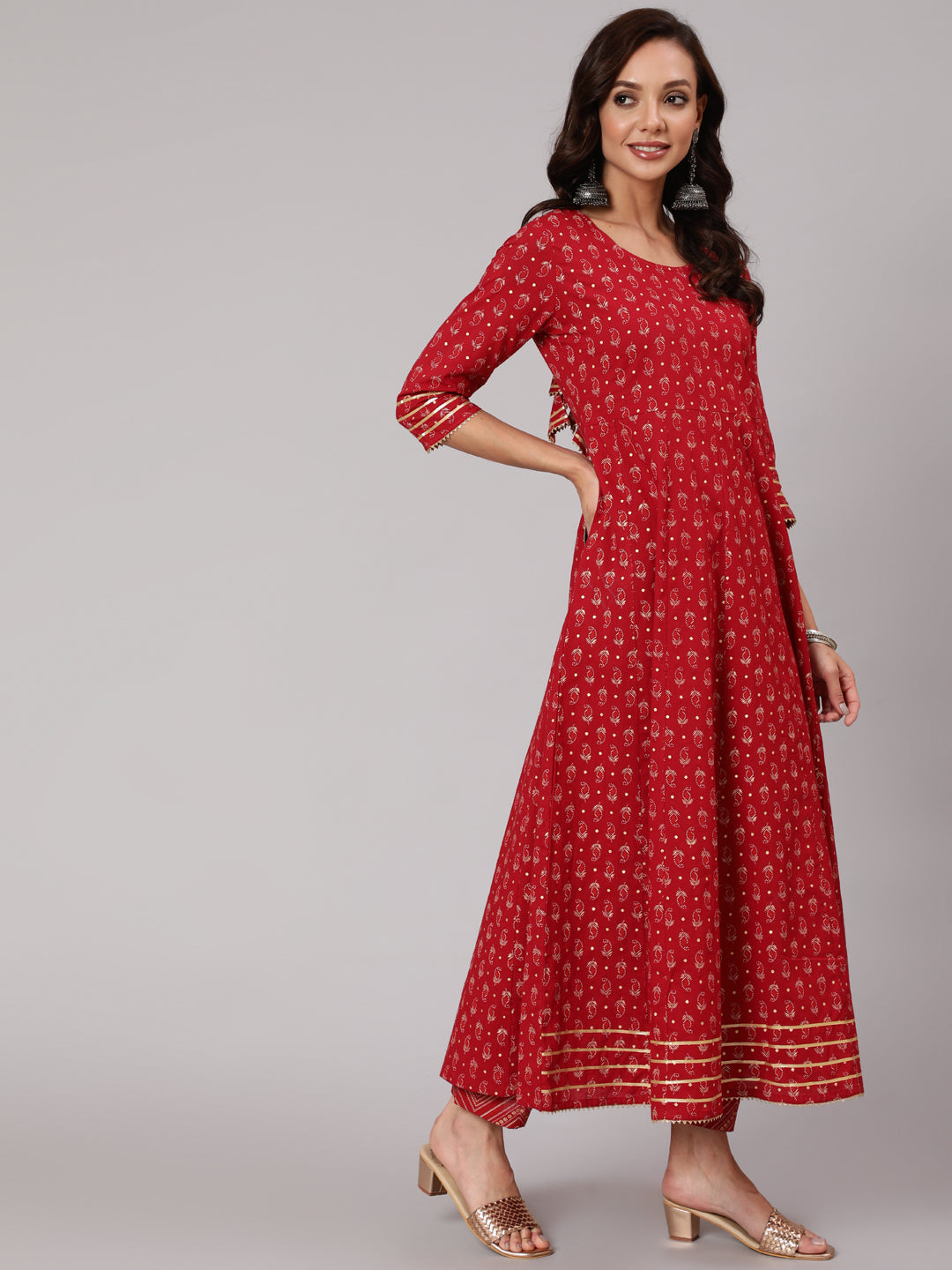 Red Printed Flared Kurta With Trouser And Dupatta - Image 2
