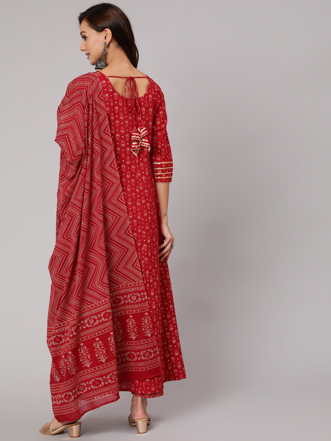 Red Printed Flared Kurta With Trouser And Dupatta - Image 3
