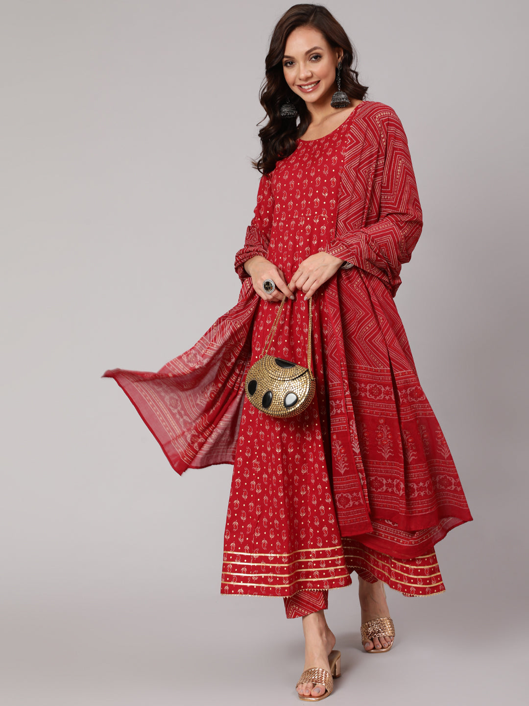 Red Printed Flared Kurta With Trouser And Dupatta - Image 5