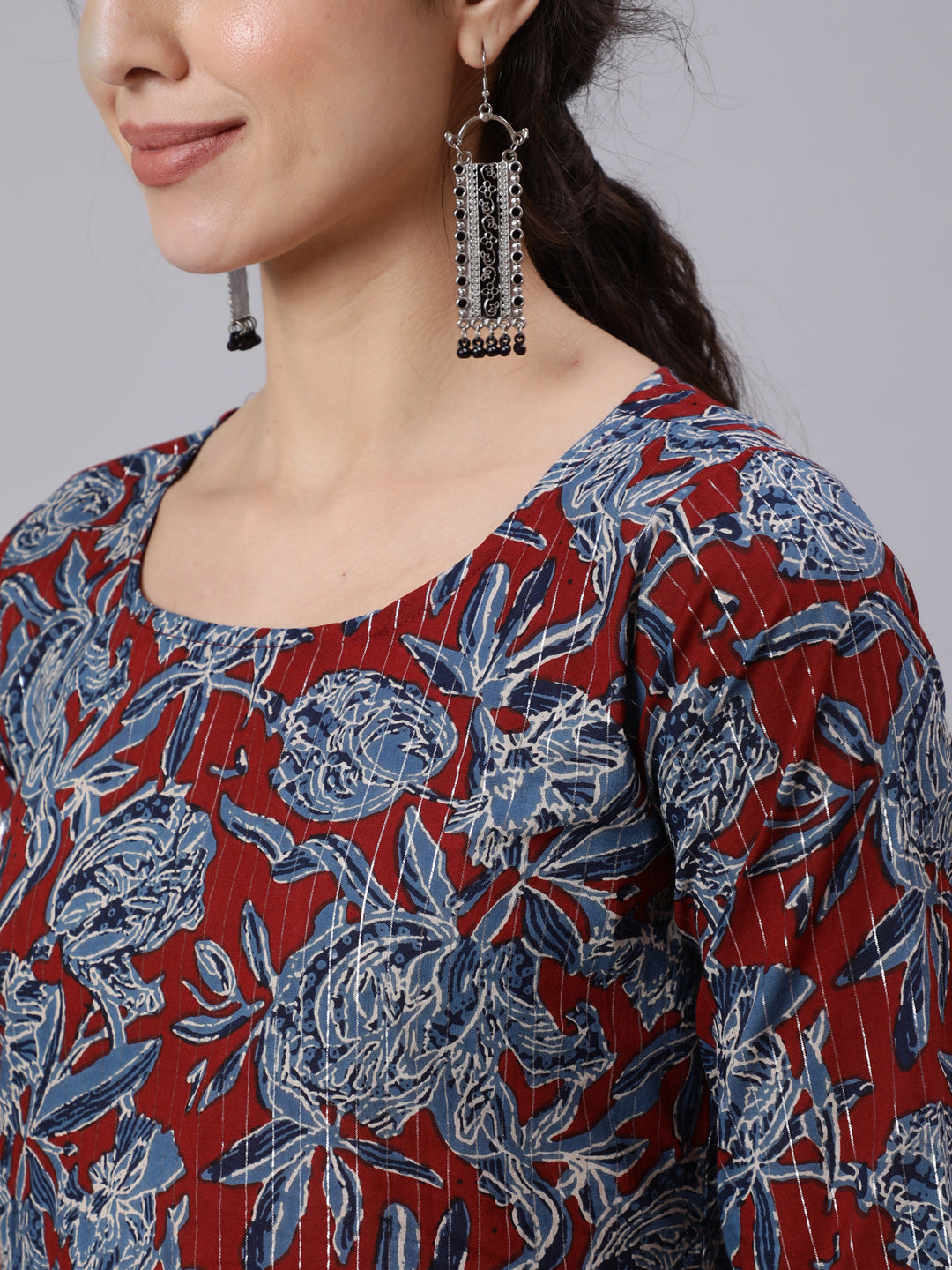 Maroon And Blue Floral Printed Straight Kurta And Palazzo With Palazzo - Image 5