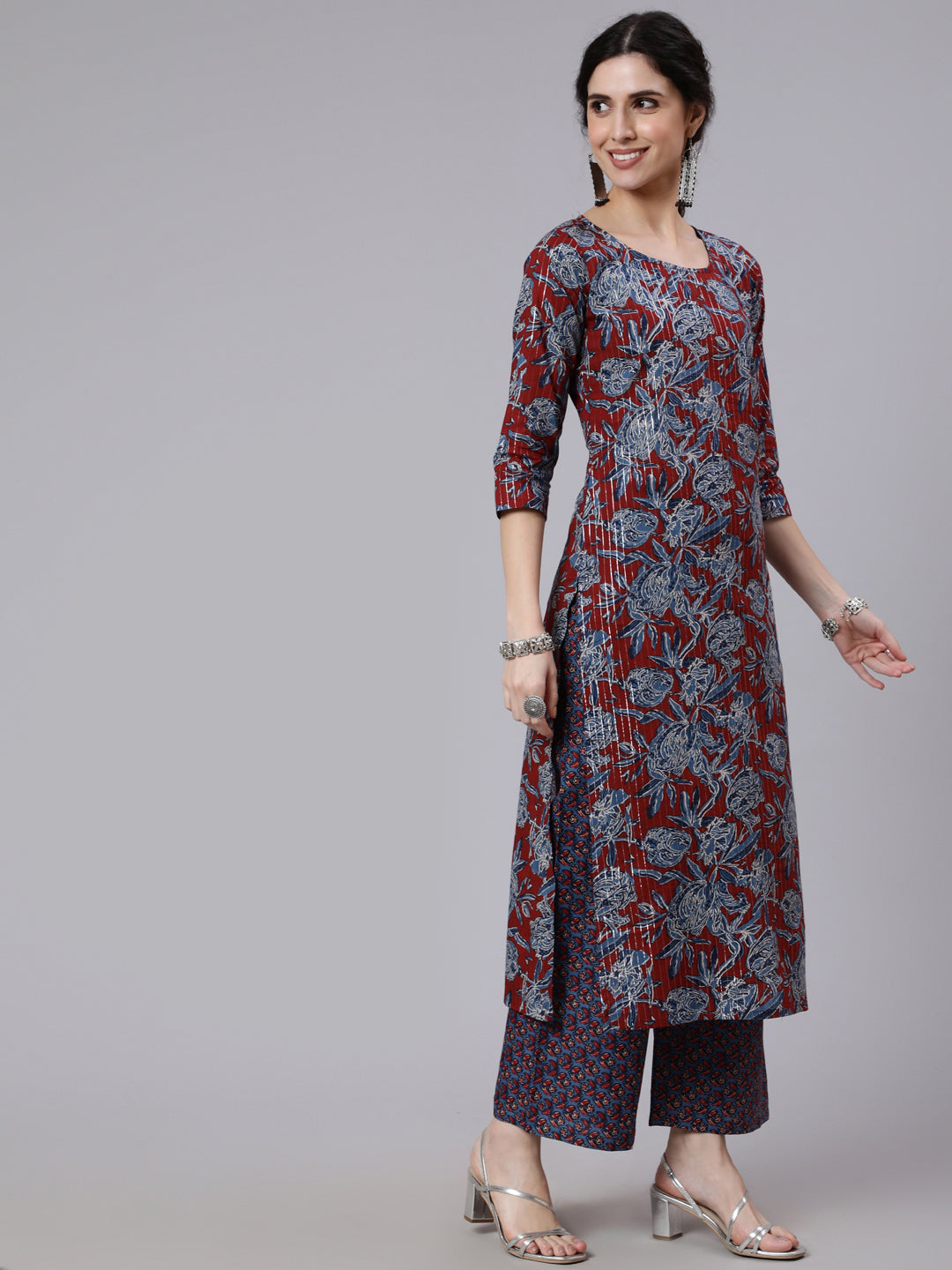 Maroon And Blue Floral Printed Straight Kurta And Palazzo With Palazzo - Image 4