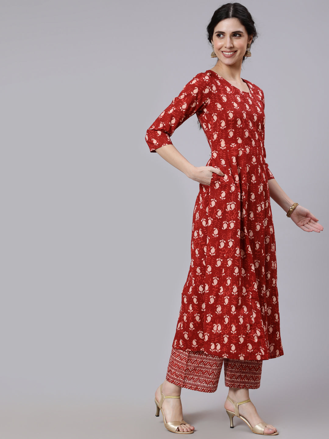 Rust Ethnic Printed Flared Kurta With Palazzo and Dupatta - Image 2