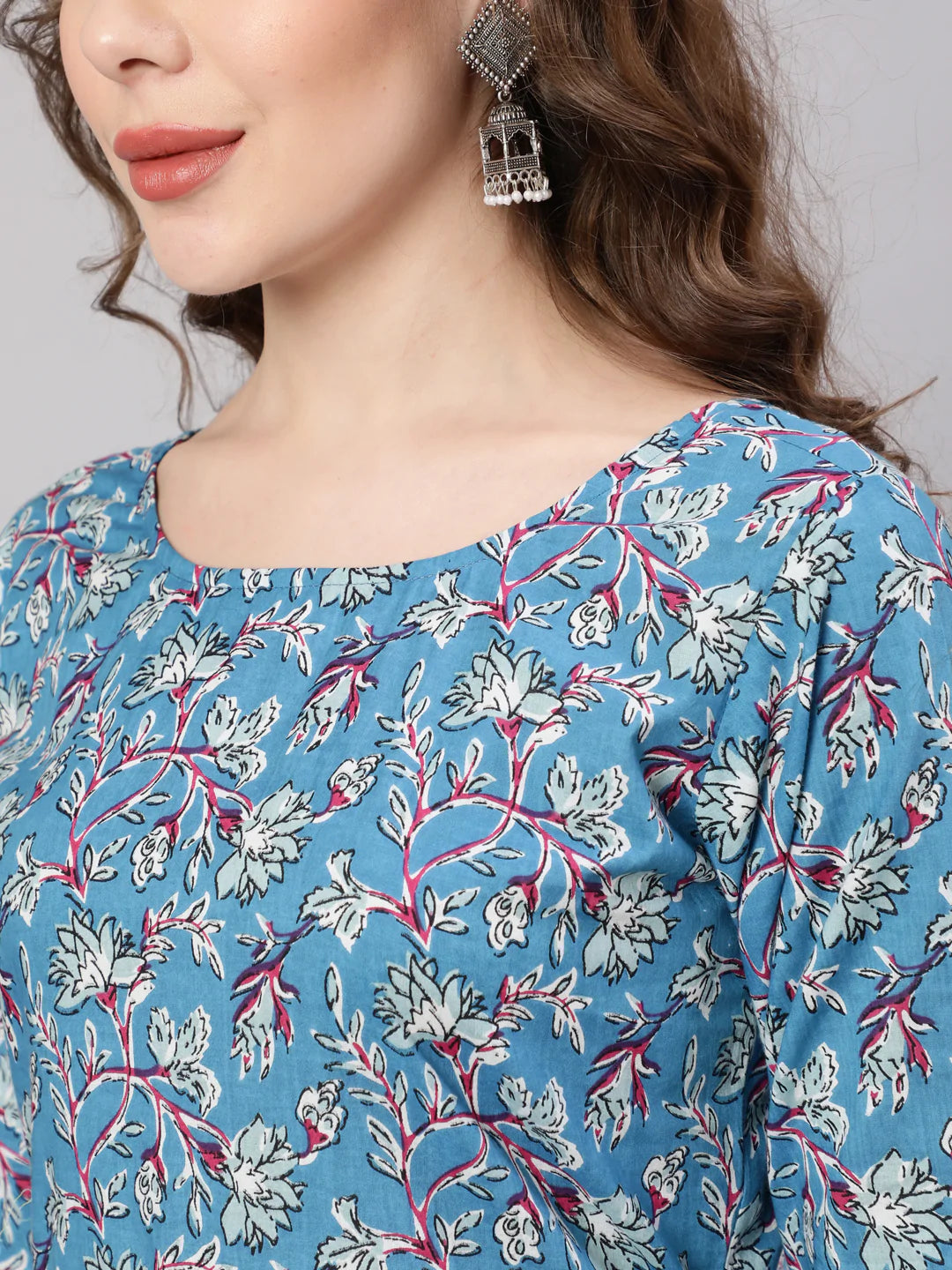 Blue Printed Anarkali Kurta With Trouser And Dupatta - Image 4