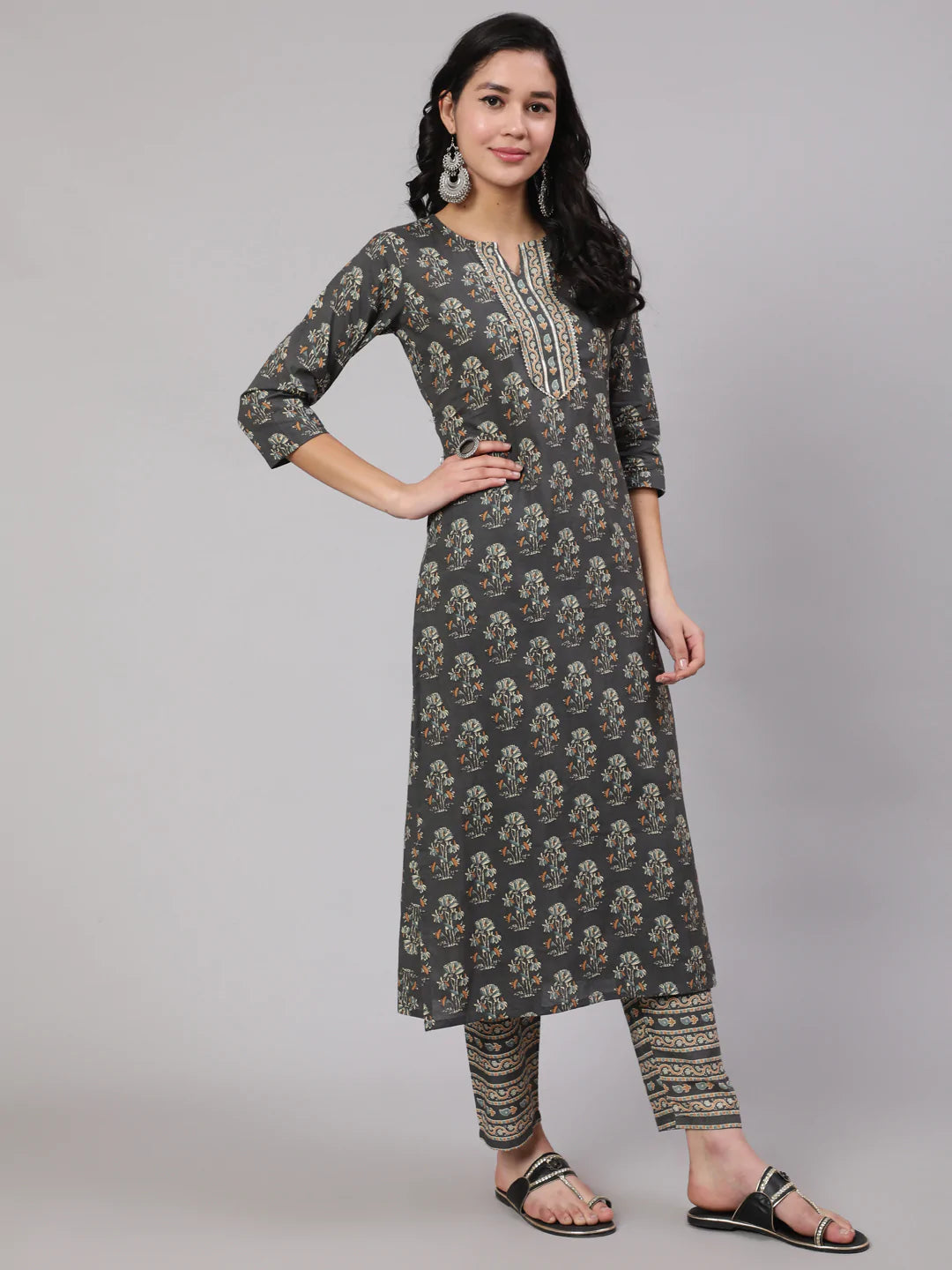 Grey Printed Straight Kurta With Trouser - Image 2
