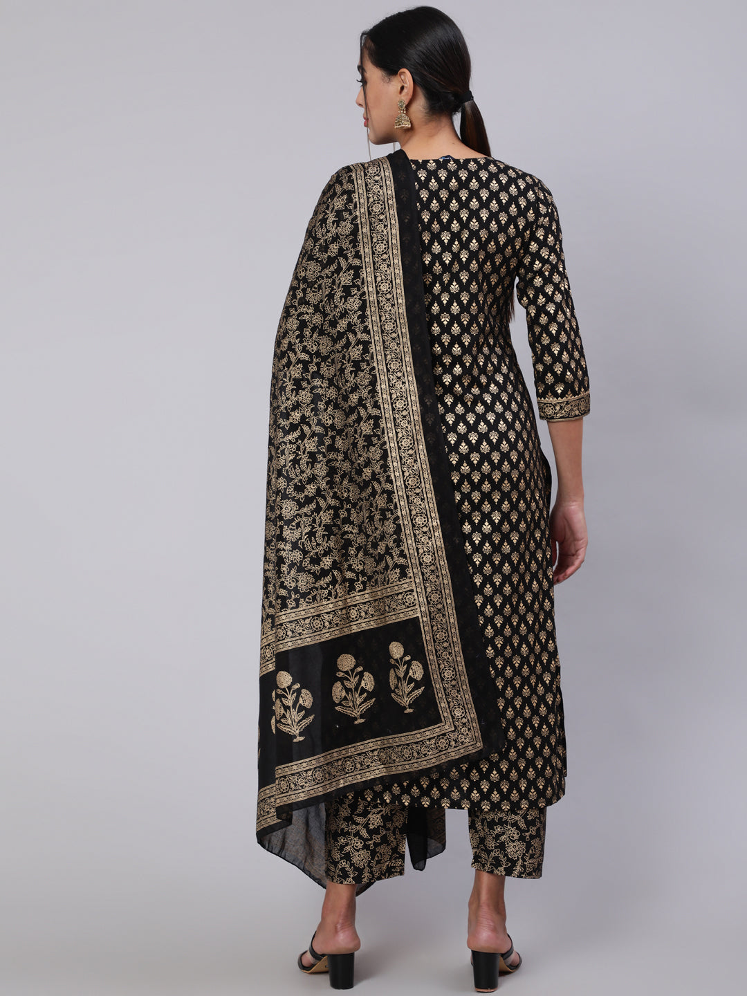 Black Ethnic Printed Kurta With Palazzo And Dupatta - Image 5