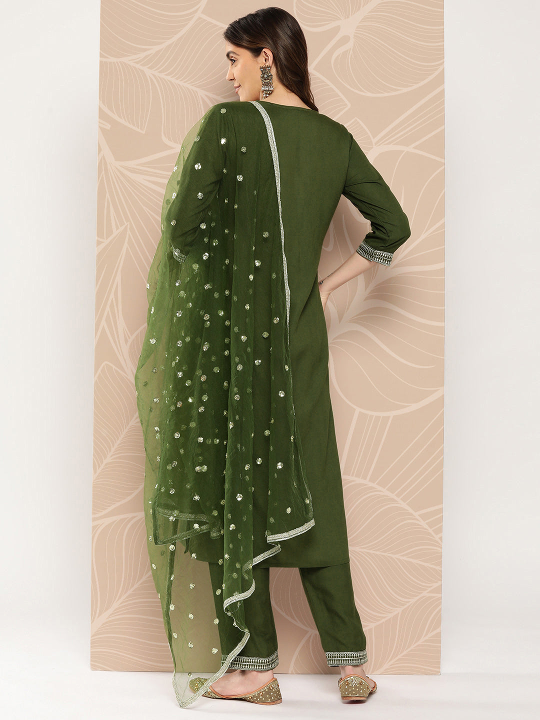 Green Embroidered Straight Kurta With Palazzo And Dupatta - Image 3