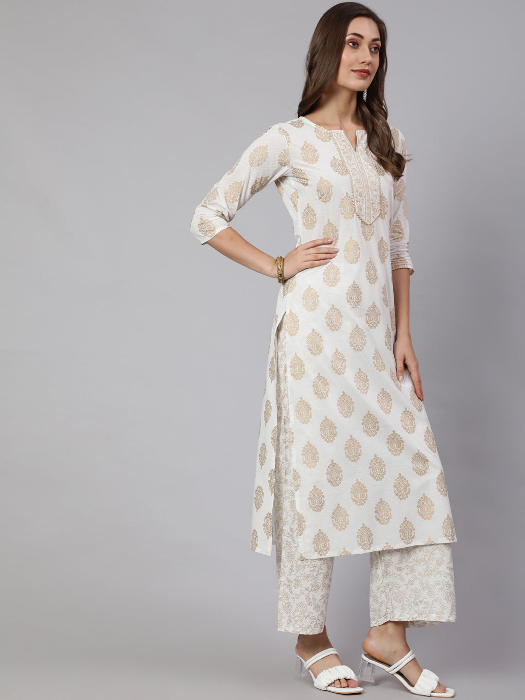 Off-White Ethnic Printed Kurta With Palazzo And Dupatta - Image 2
