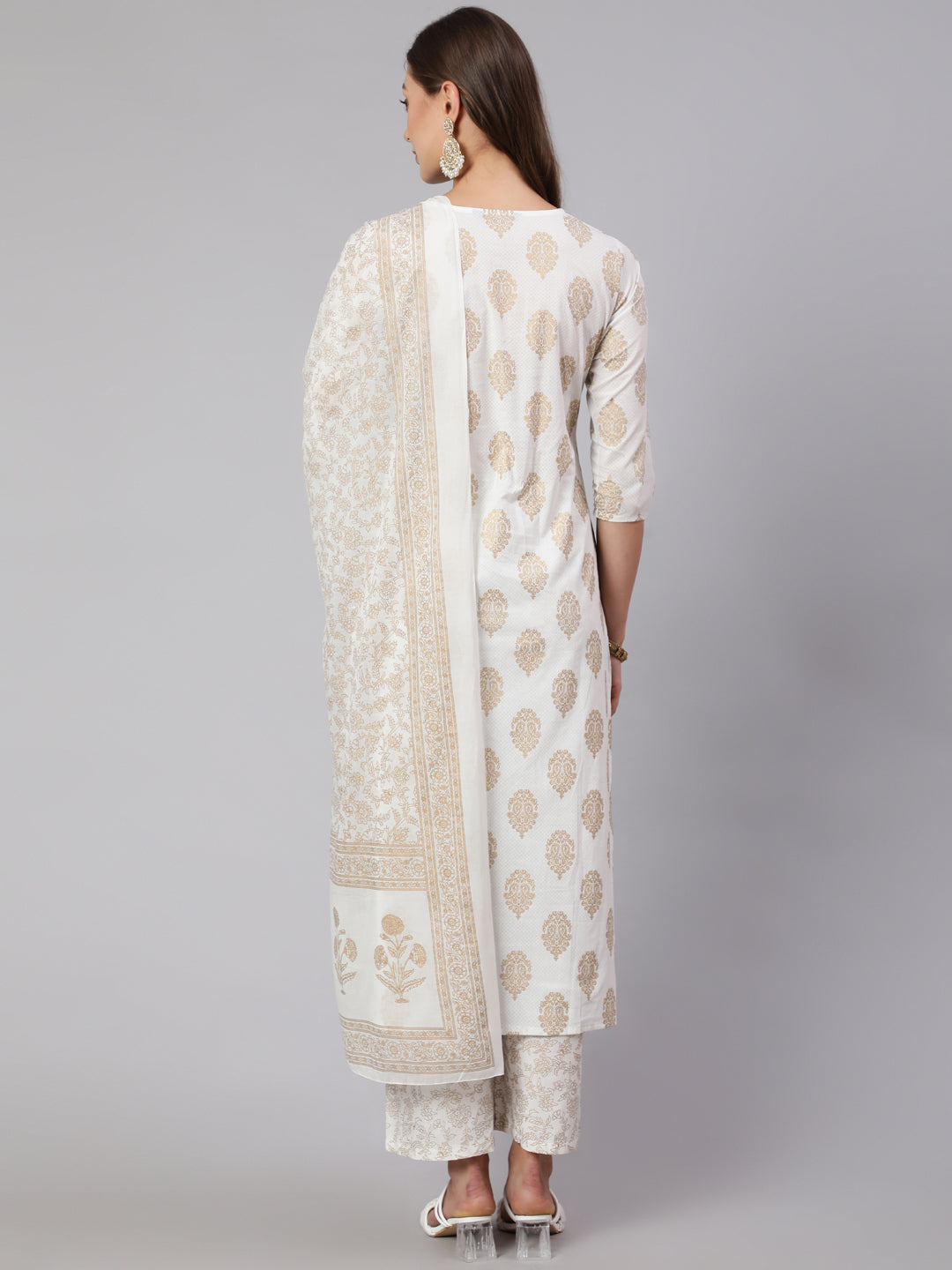 Off-White Ethnic Printed Kurta With Palazzo And Dupatta - Image 3