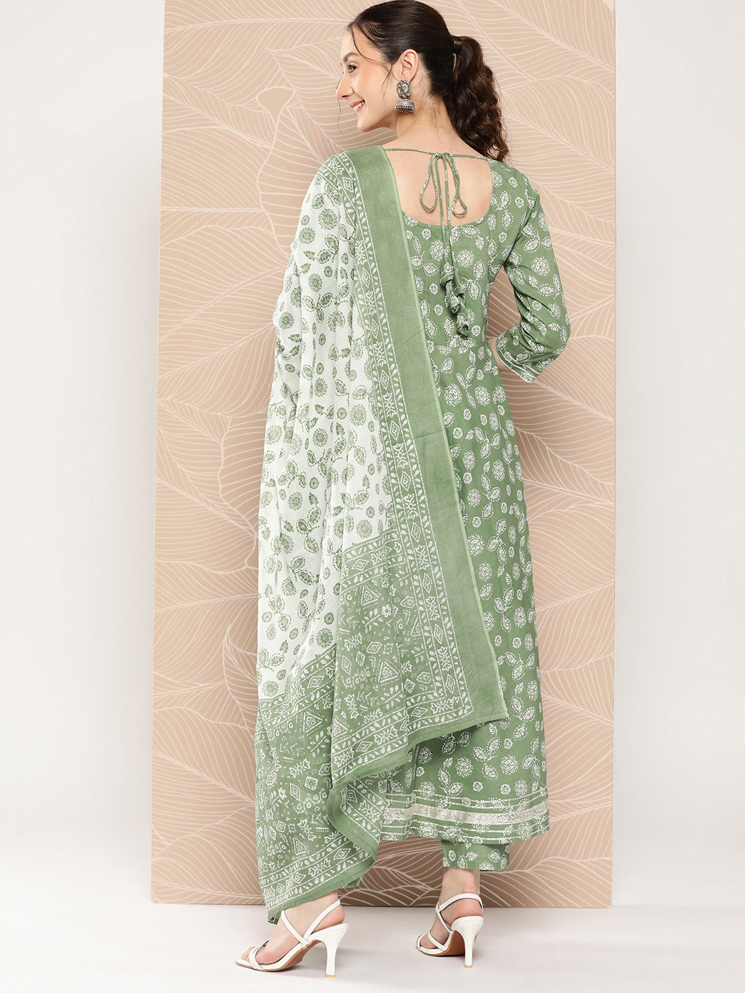 Green Floral Printed Anarkali Kurta With Trouser And Dupatta - Image 3