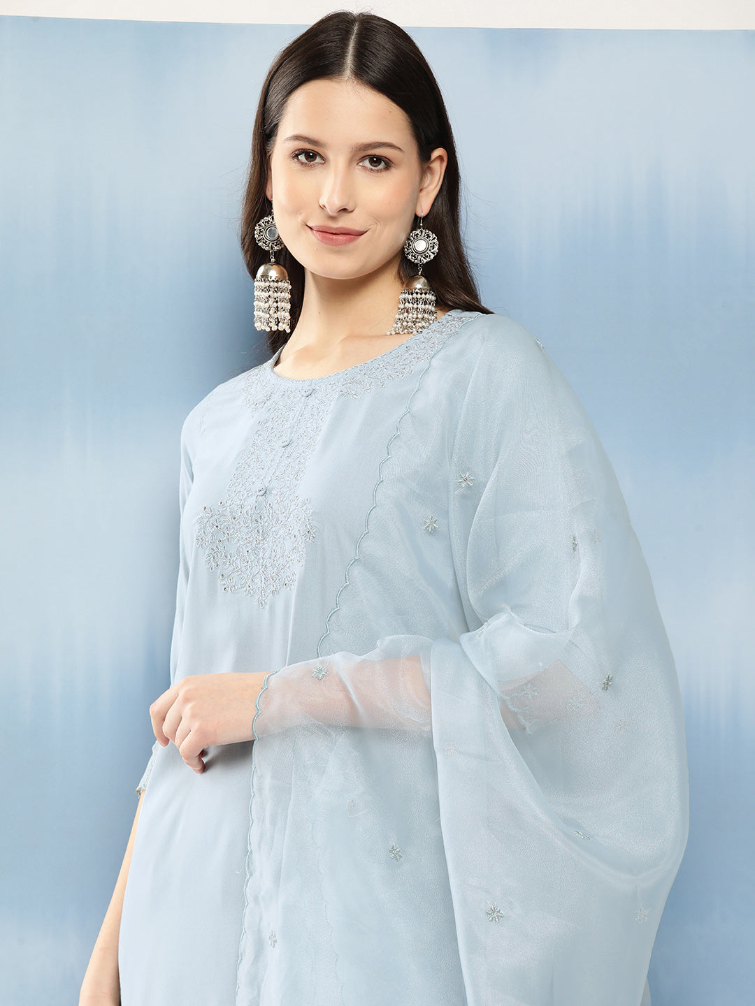 Carolina Blue Embroidered Kurta With Trouser & With Organza Dupatta - Image 5