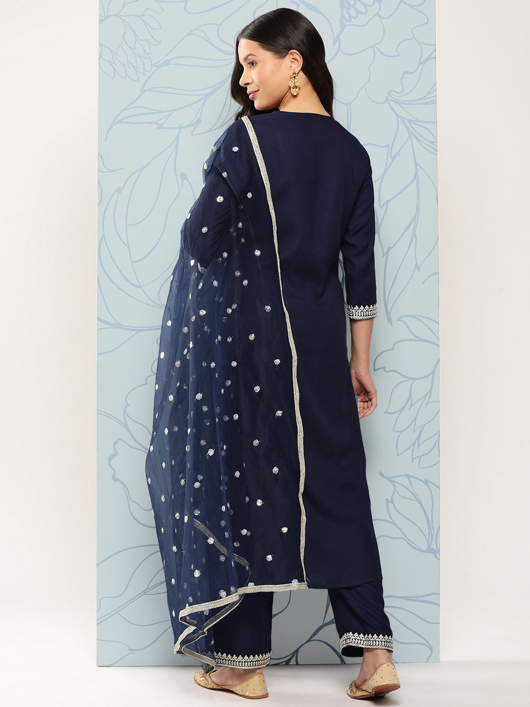 Navy Blue Embroidered Straight Kurta With Palazzo And Net Dupatta - Image 2