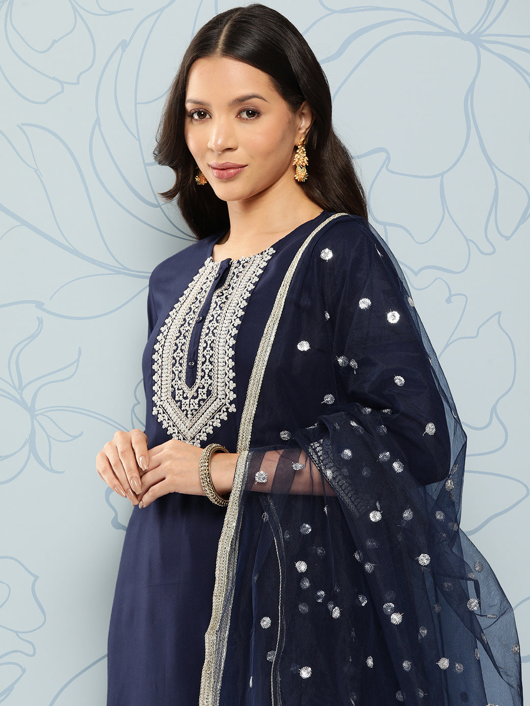 Navy Blue Embroidered Straight Kurta With Palazzo And Net Dupatta - Image 4