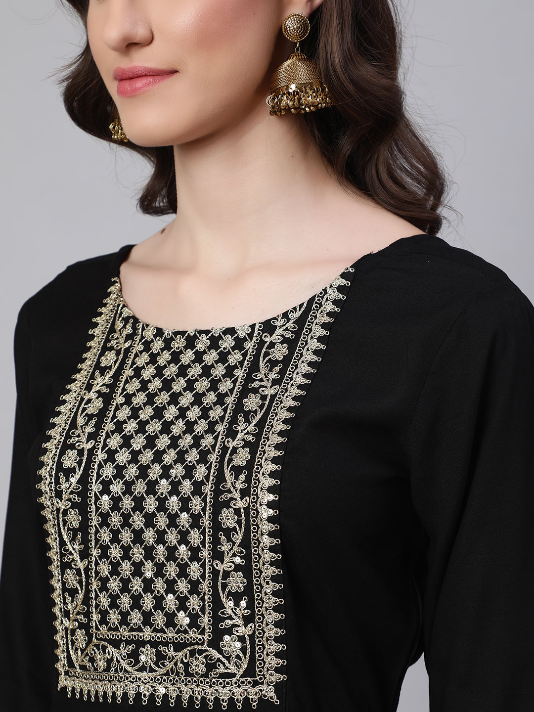 Black Embroidered Flared Kurta With Trouser And Net Dupatta - Image 5
