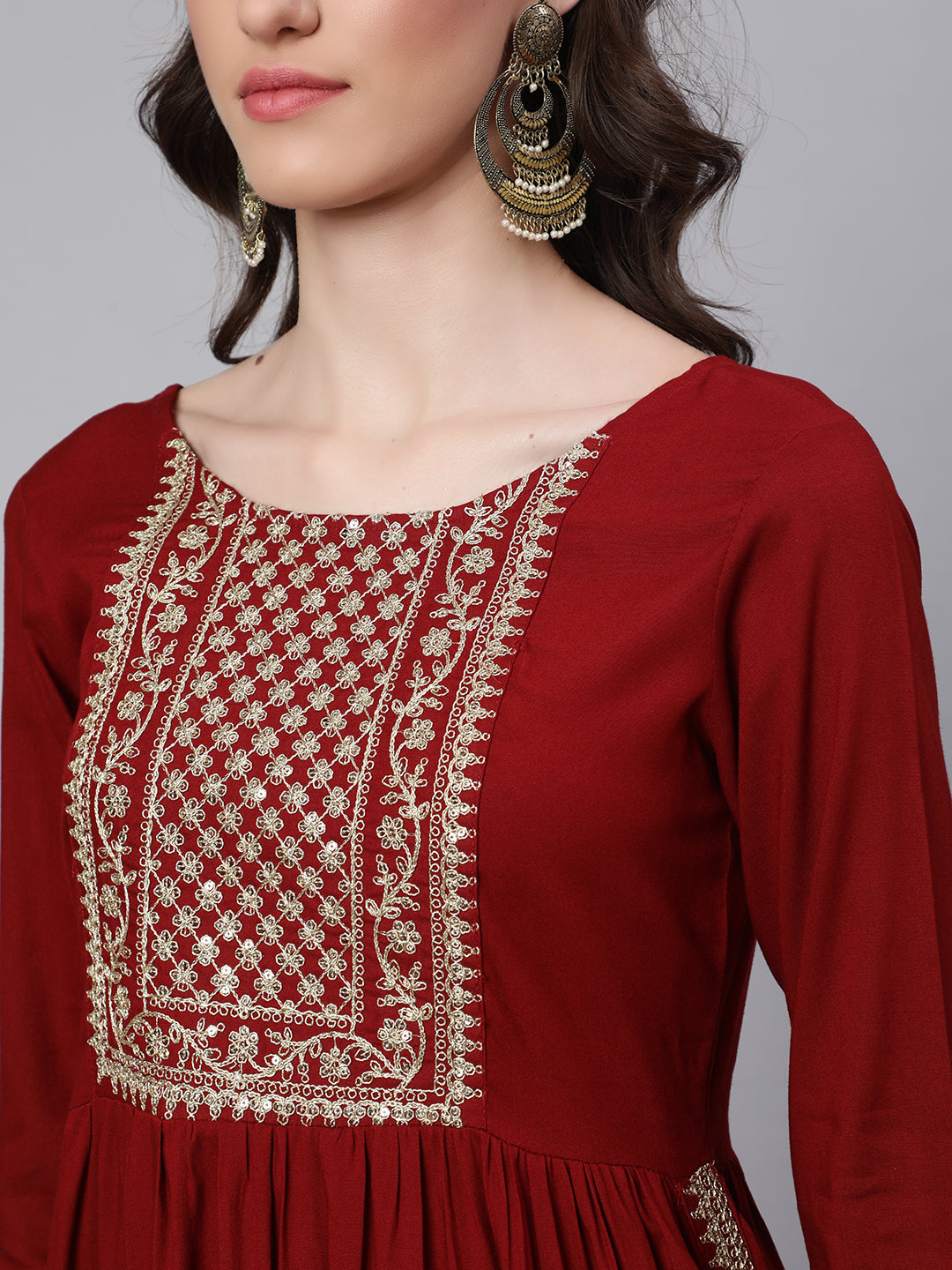 Maroon Embroidered Naira Cut Kurta With Trouser And Net Dupatta - Image 5