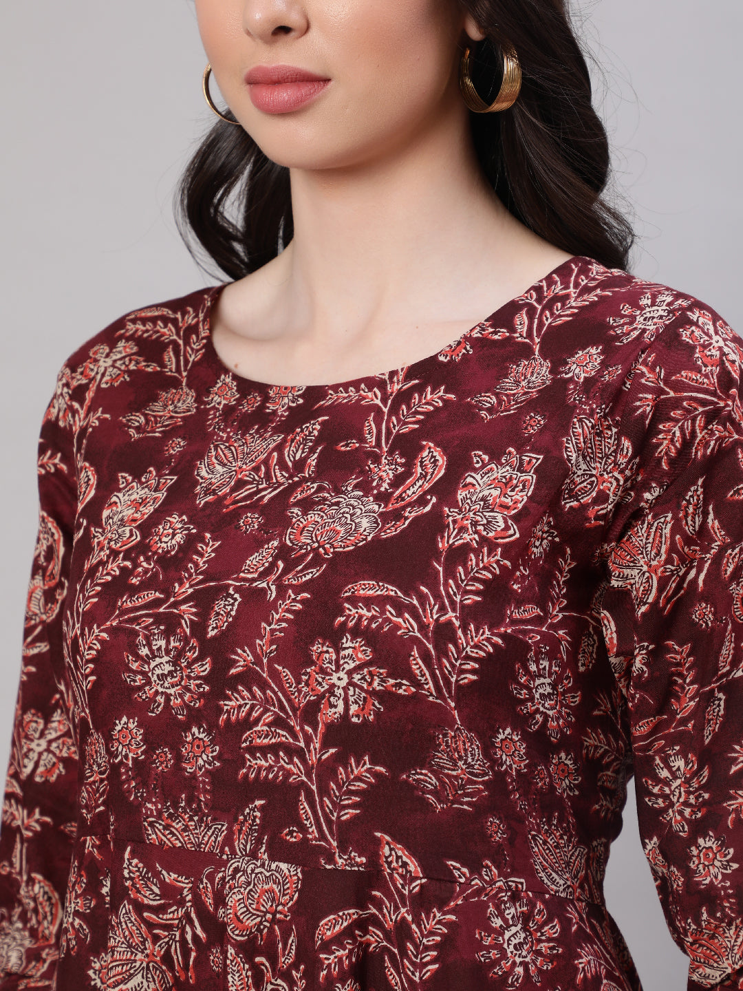 Women Burgundy Floral Printed Flared Kurta With Trouser And Dupatta - Image 5