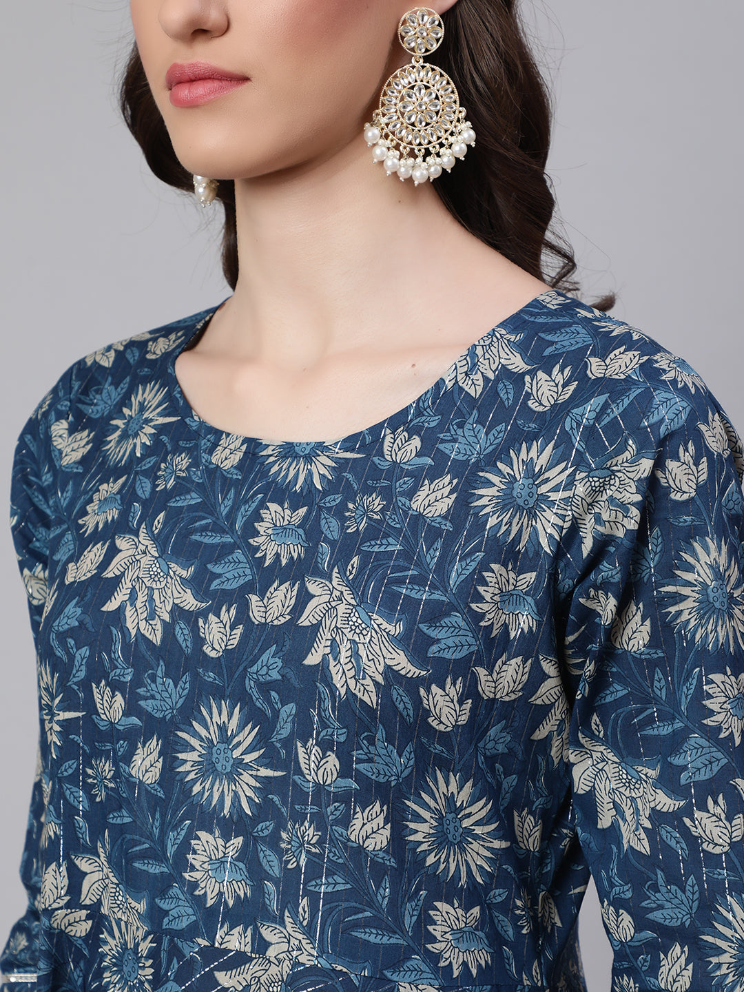 Women Blue Ethnic Printed Anarkali Kurta With Trouser And Dupatta - Image 5
