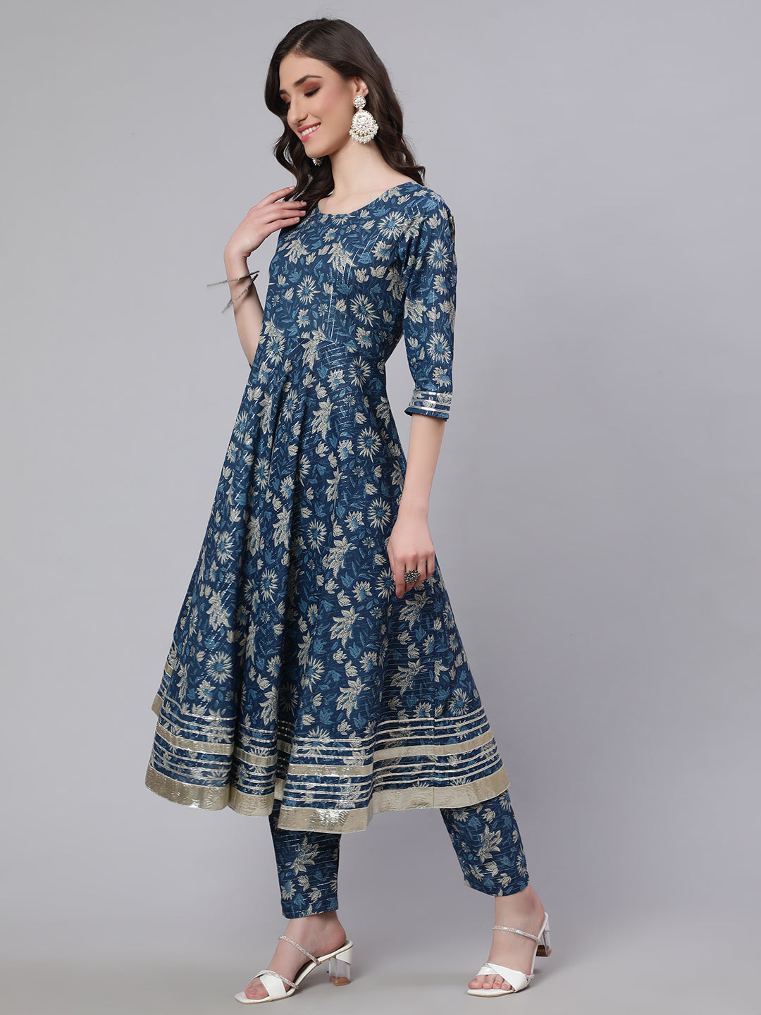 Women Blue Ethnic Printed Anarkali Kurta With Trouser And Dupatta - Image 2