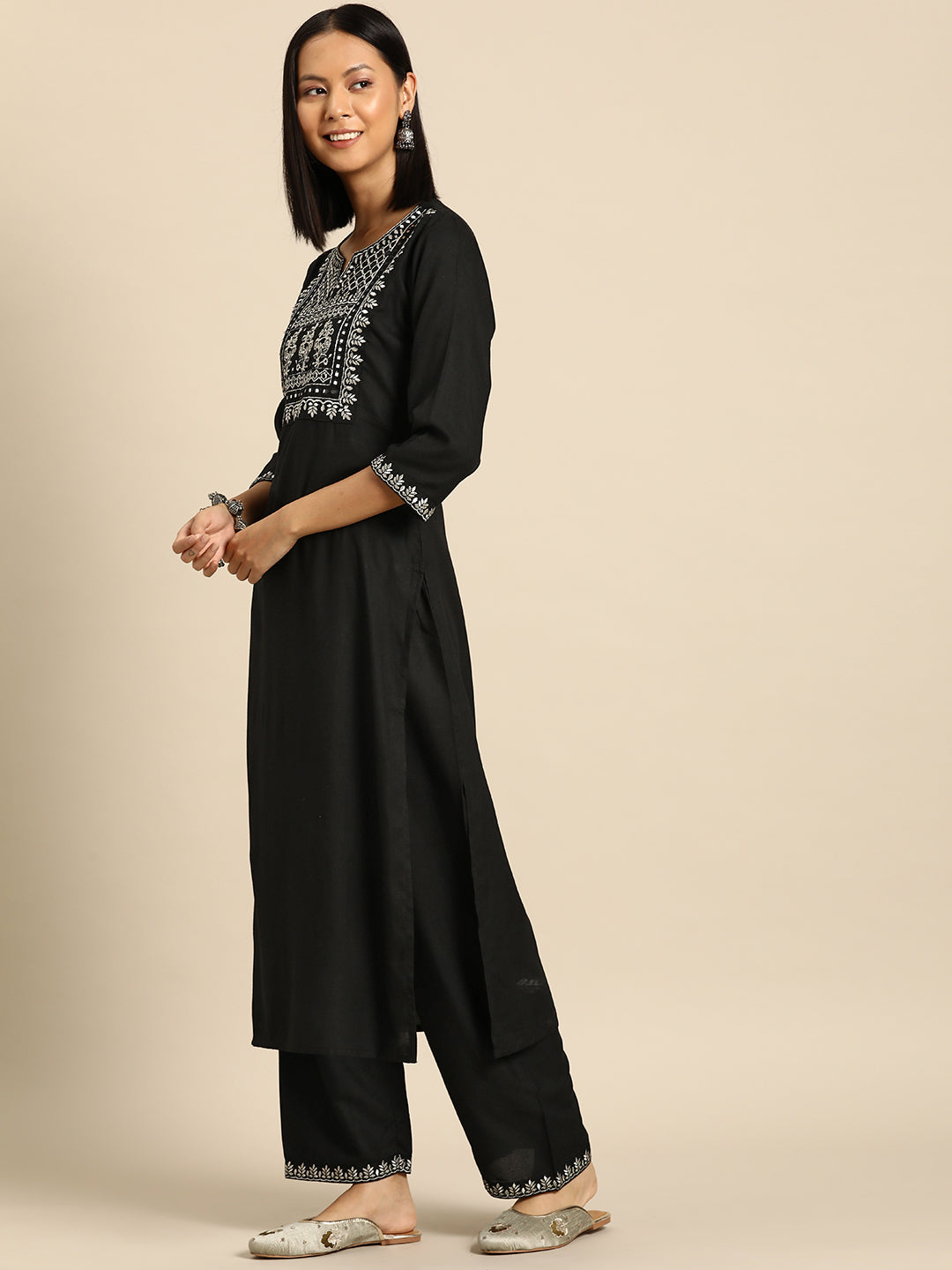 Women Black Embroidered Straight Kurta With Palazzo And Net Dupatta - Image 2