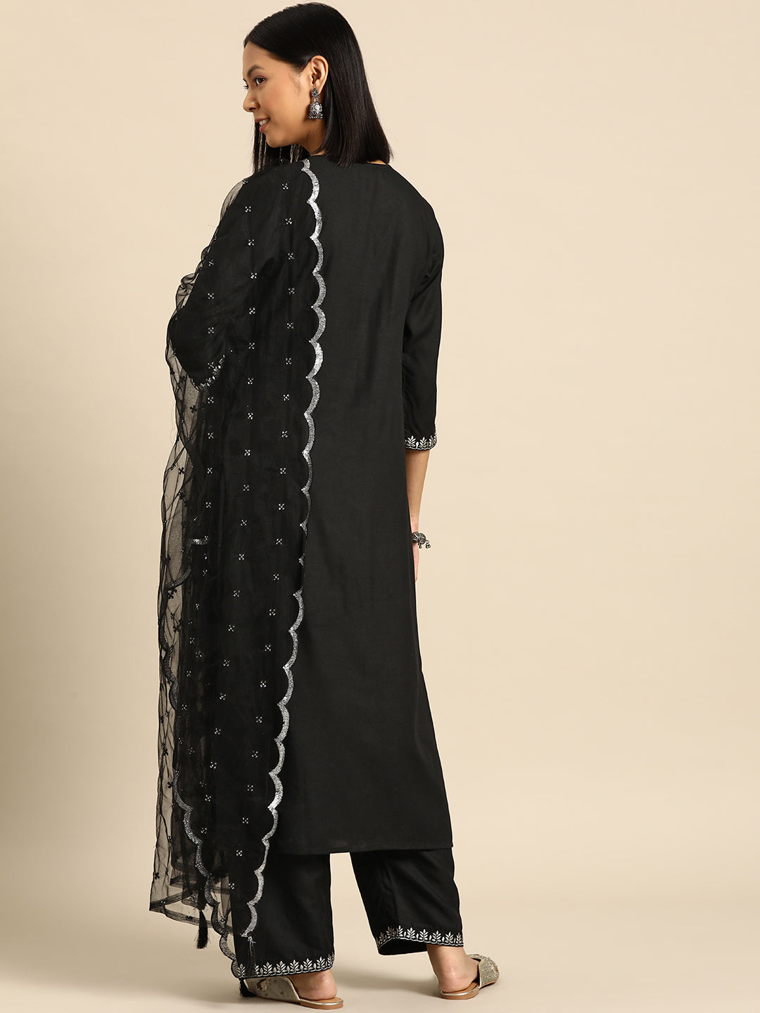 Women Black Embroidered Straight Kurta With Palazzo And Net Dupatta - Image 3