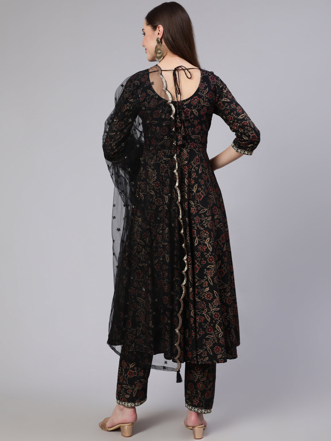 Black Embroidered Flared Kurta With Trouser And Dupatta - Image 3