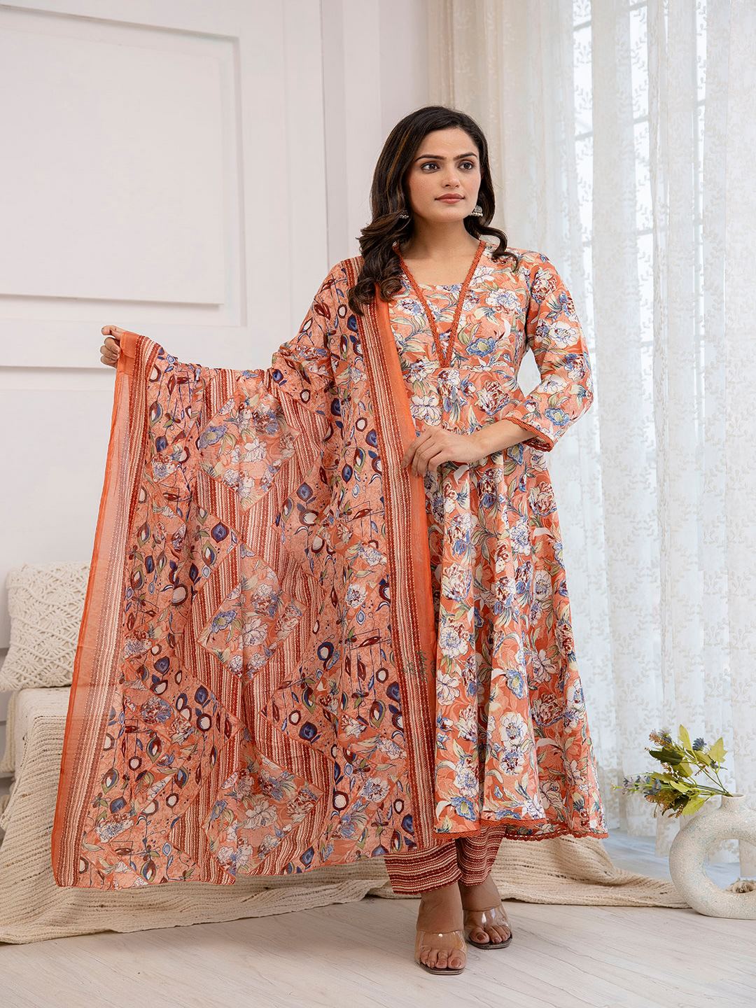 Peach Floral Printed Anarkali Kurta And Trouser With Dupatta - Image 4
