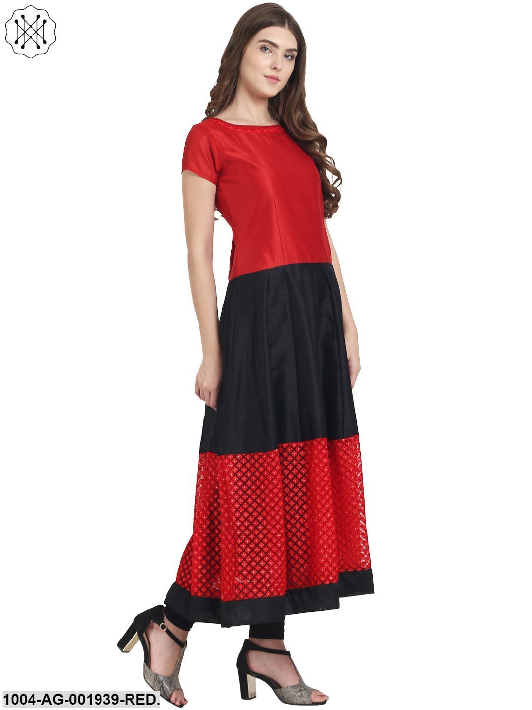 Red & Black Cap Sleeve Net And Dupion Anarkali Kurta - Image 2