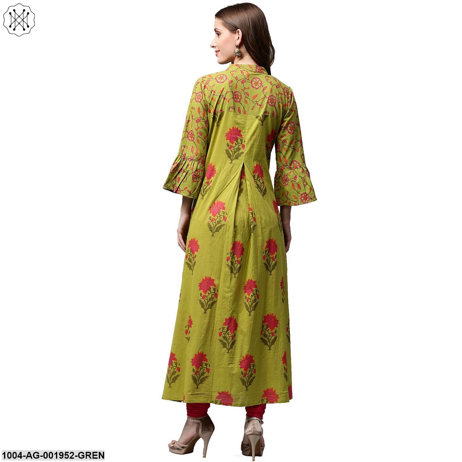 Green Printed 3/4Th Sleeve Cotton Anarkali Kurta - Image 2