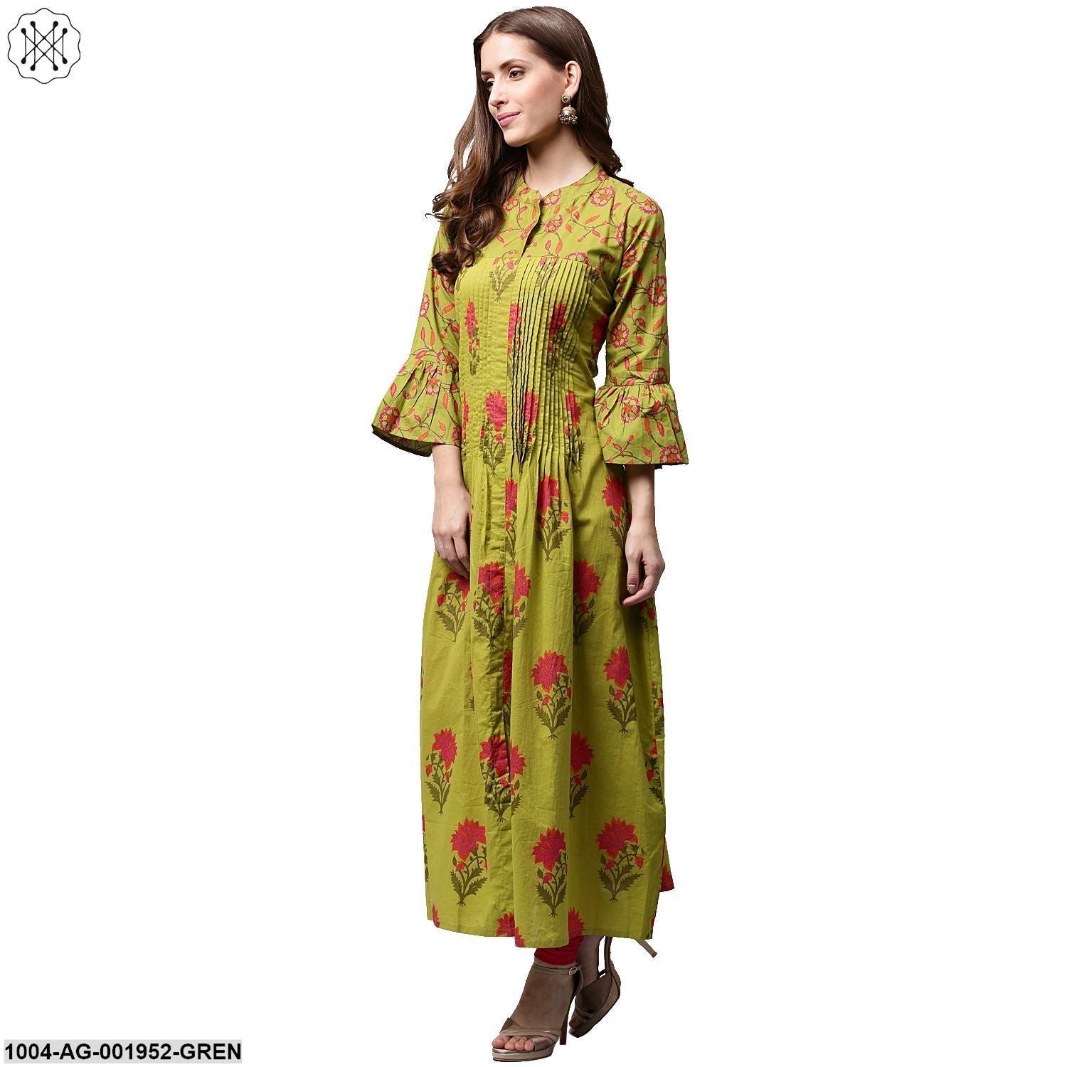 Green Printed 3/4Th Sleeve Cotton Anarkali Kurta - Image 4