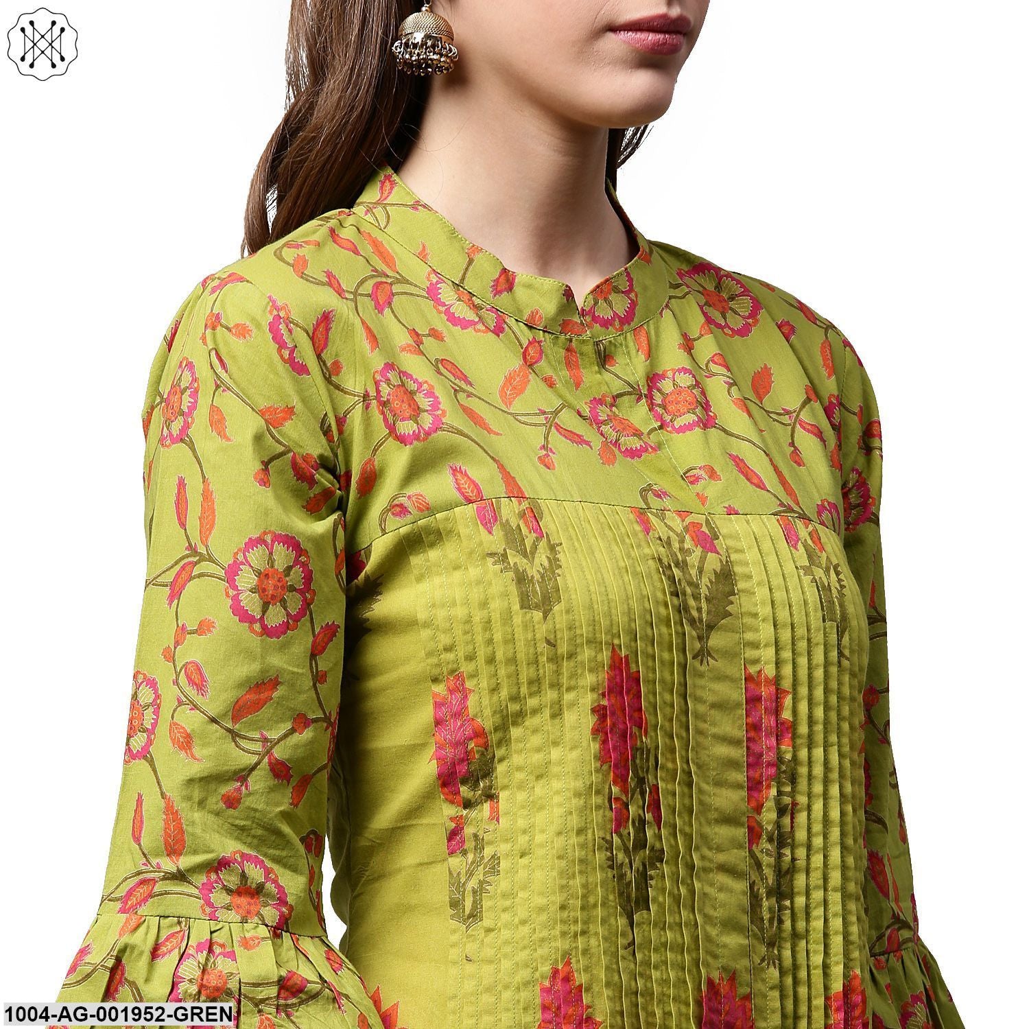 Green Printed 3/4Th Sleeve Cotton Anarkali Kurta - Image 5
