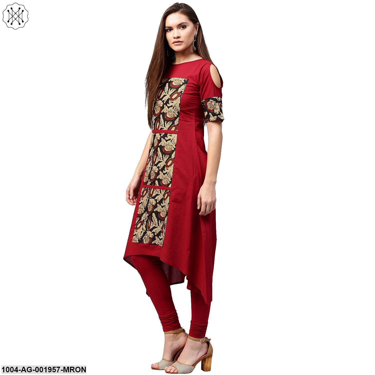 Maroon Printed Half Sleeve Cotton Kurta - Image 4