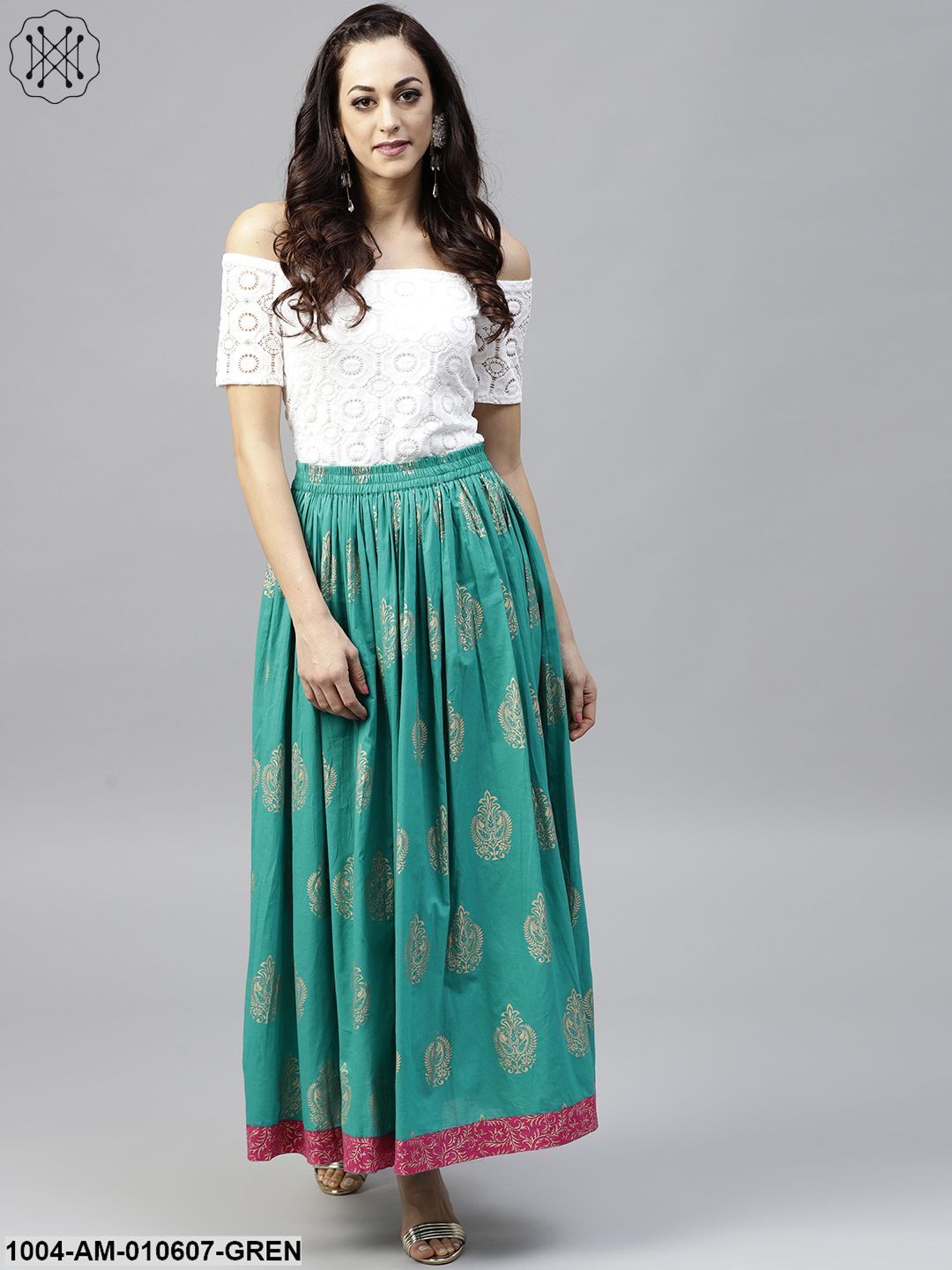 Green PrintedFlared Ankle Length Skirt - Image 3