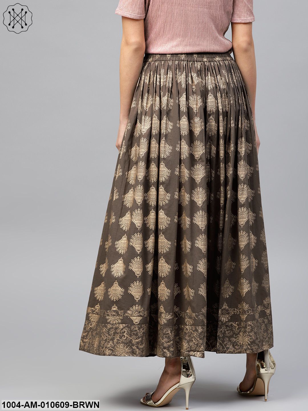 Mud Brown Printed Flared Ankle Length Skirt - Image 3
