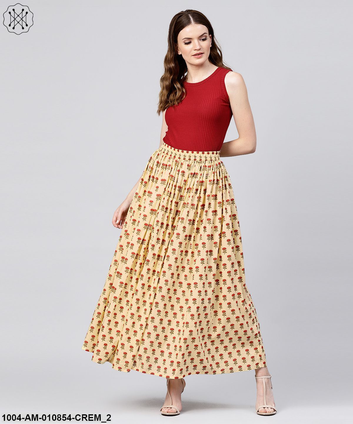 Women Cream-Coloured & Red Printed Maxi Flared Skirt - Image 2